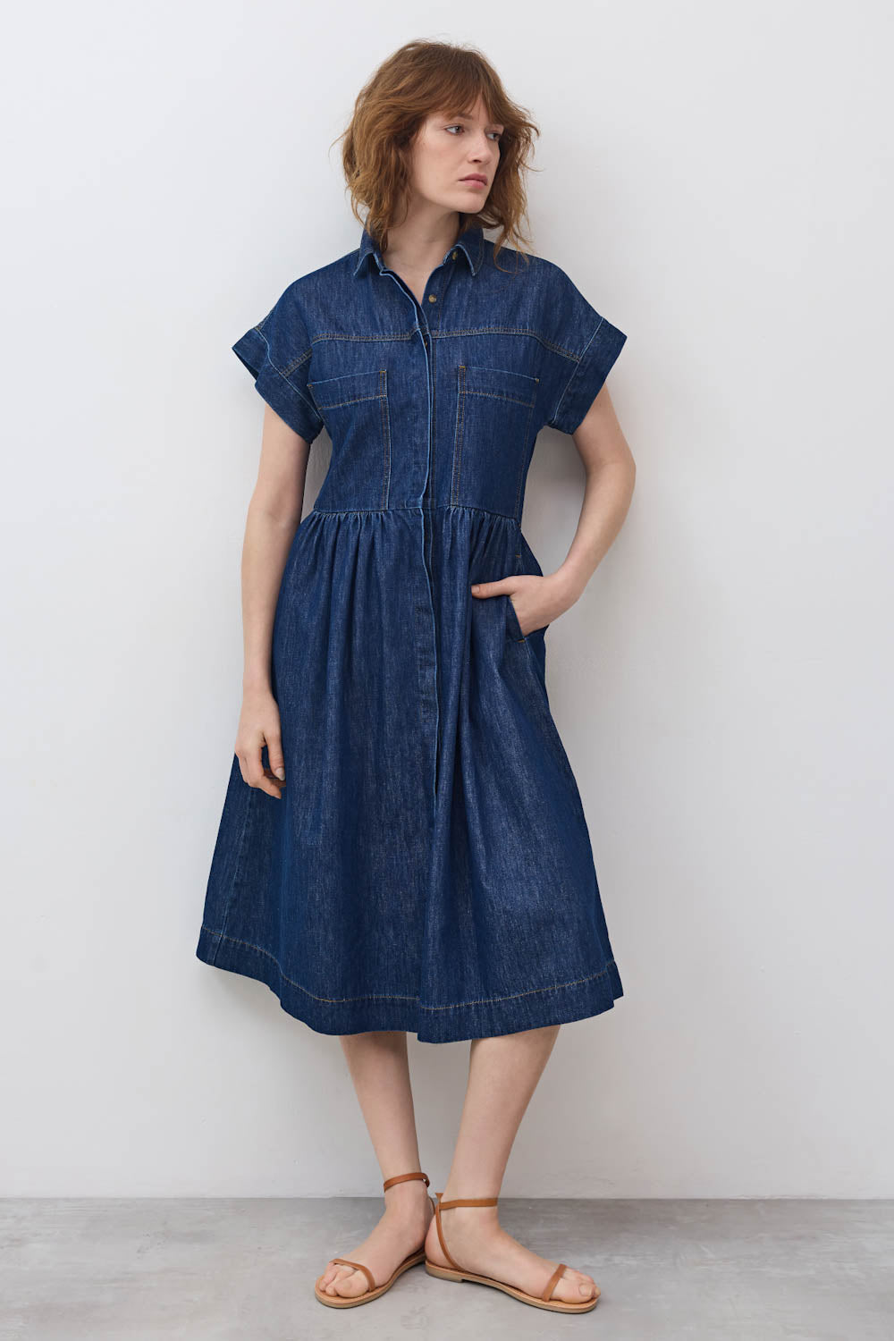 Button-Front Midi Denim Shirt Dress