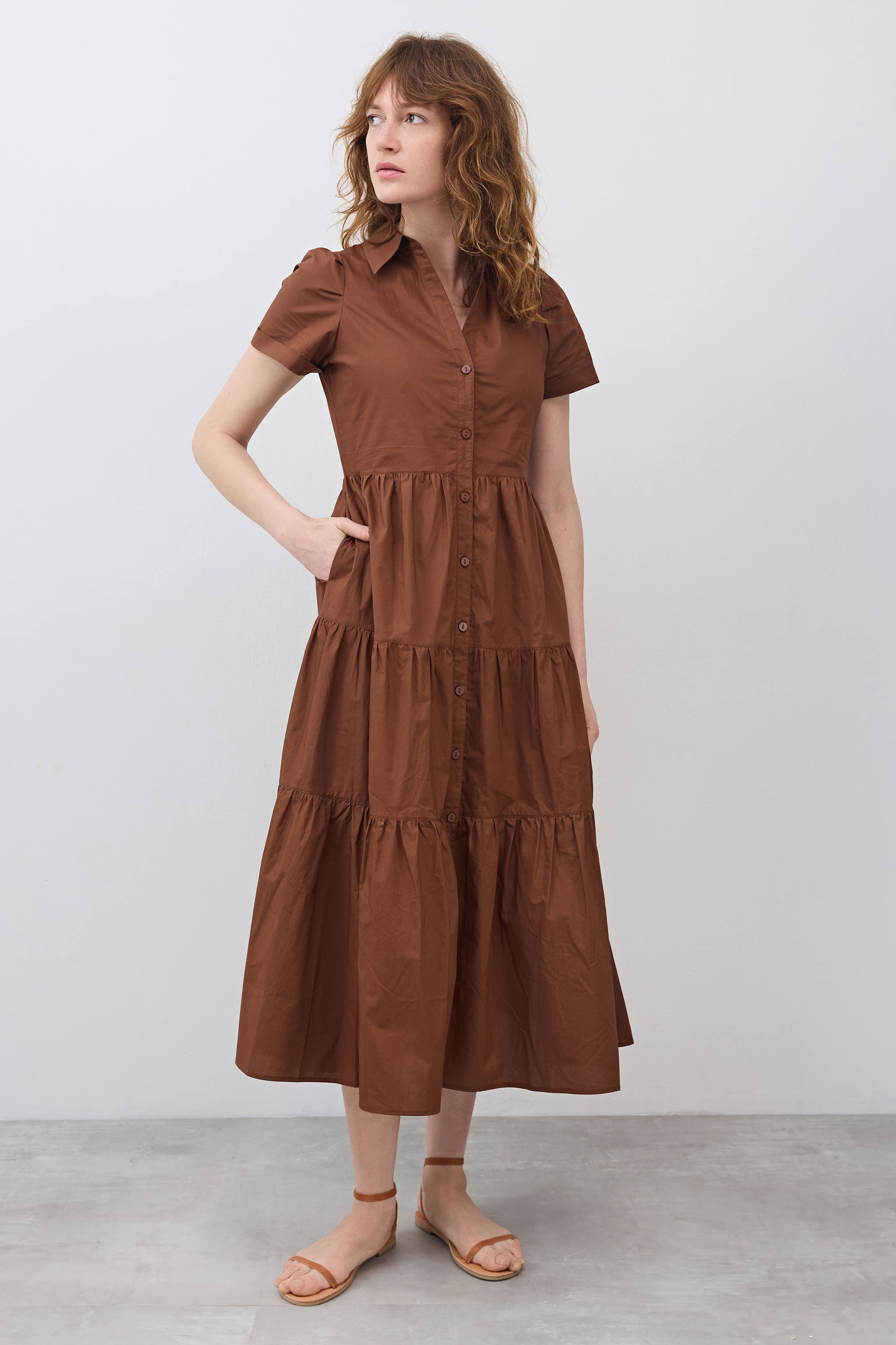 Pleated Button-Down Midi Poplin Dress in Copper