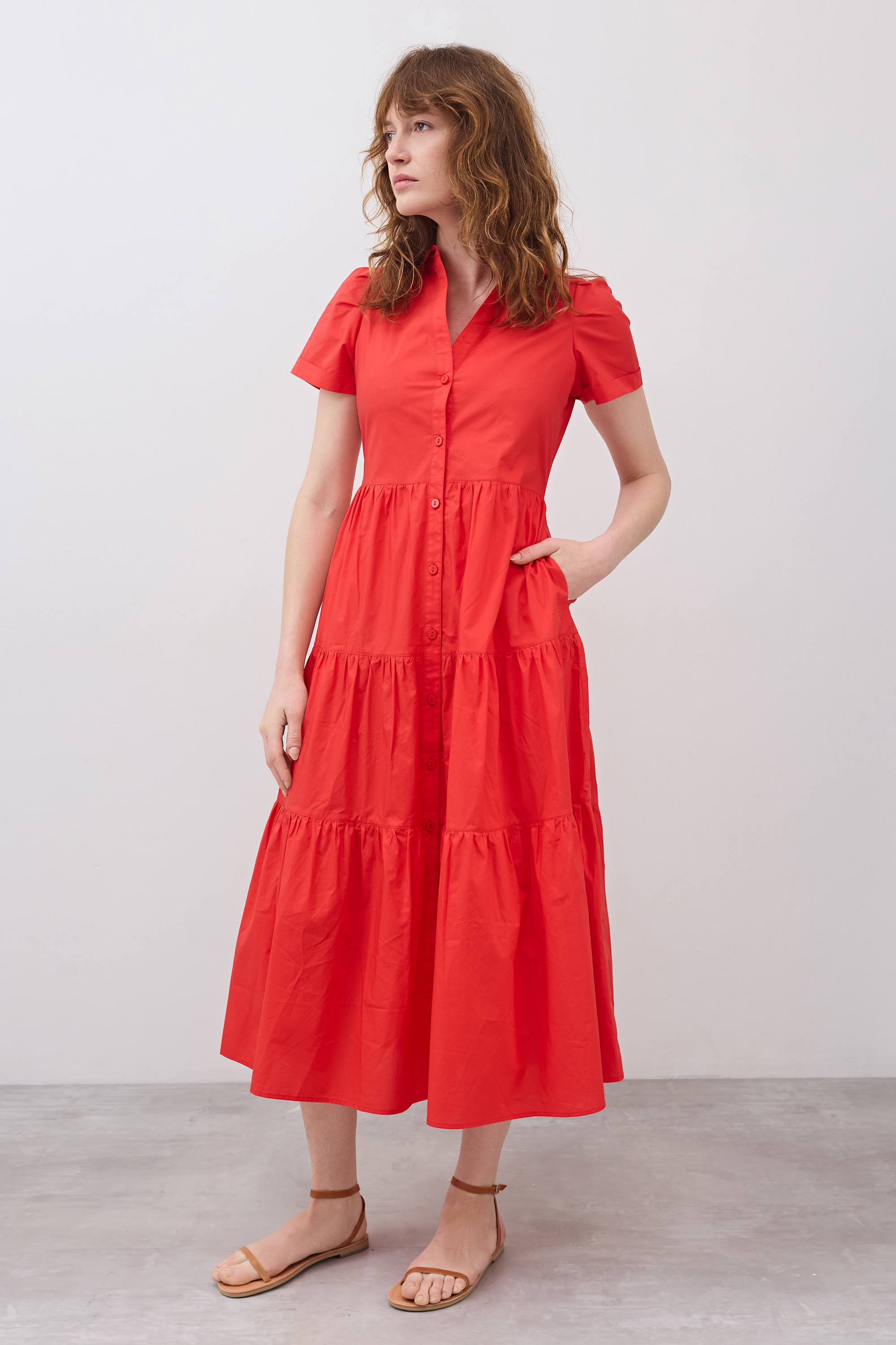 Pleated Button-Down Midi Poplin Dress in Hot Coral