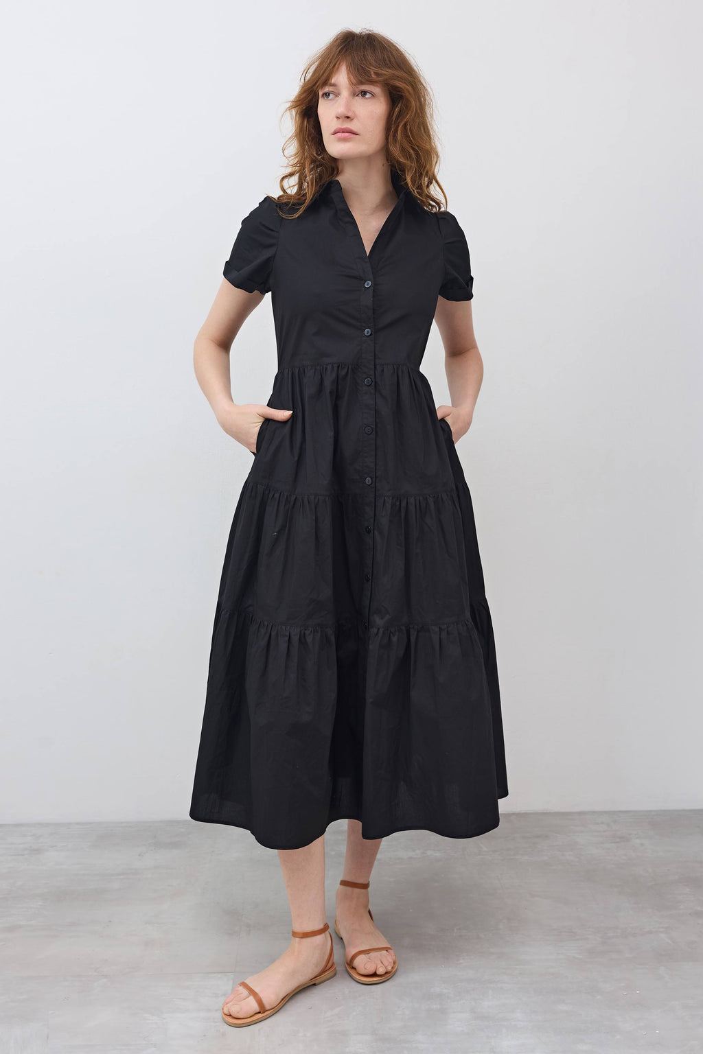 Pleated Button-Down Midi Poplin Dress in Black