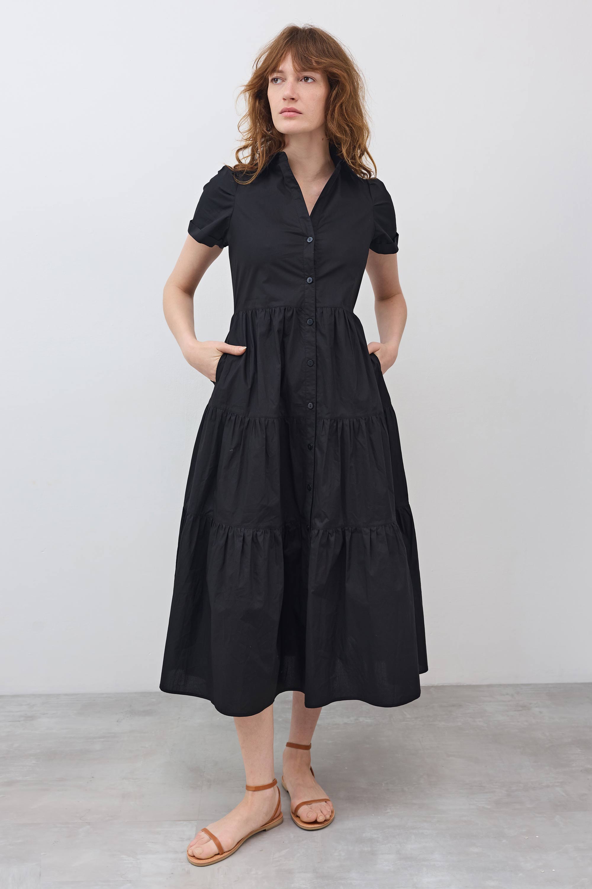 Pleated Button-Down Midi Poplin Dress in Black