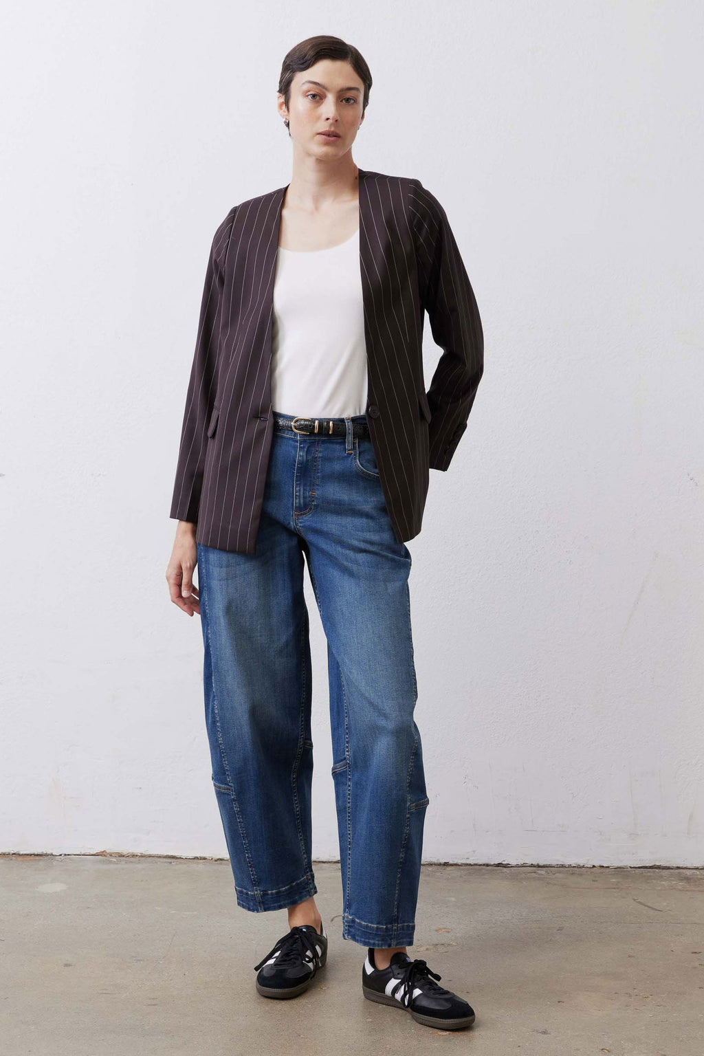 Relaxed Single-Breasted Blazer in Black White Pinstripe
