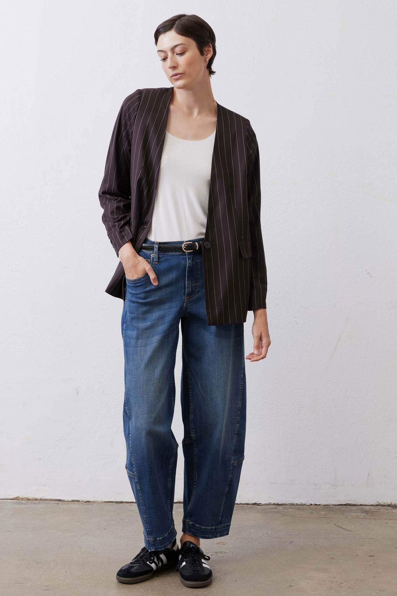 Relaxed Single-Breasted Blazer in Black White Pinstripe
