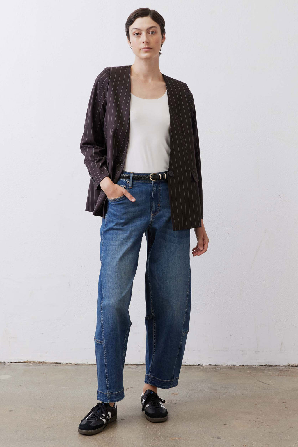 Relaxed Single-Breasted Blazer in Black White Pinstripe