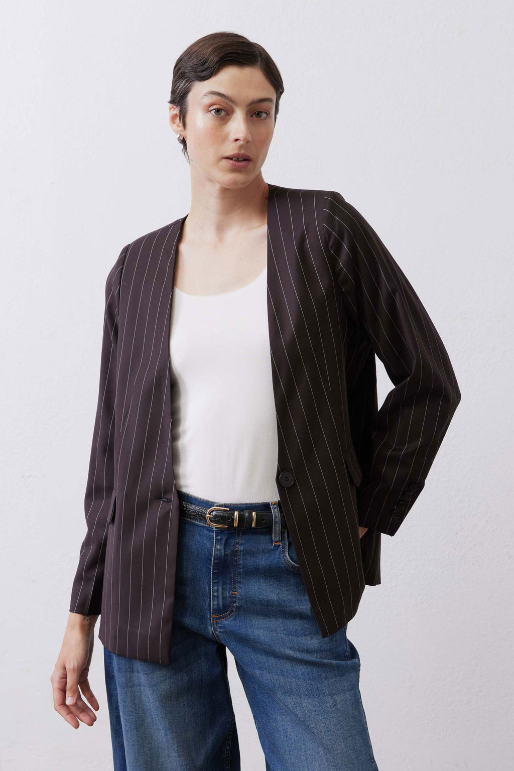 Relaxed Single-Breasted Blazer in Black White Pinstripe