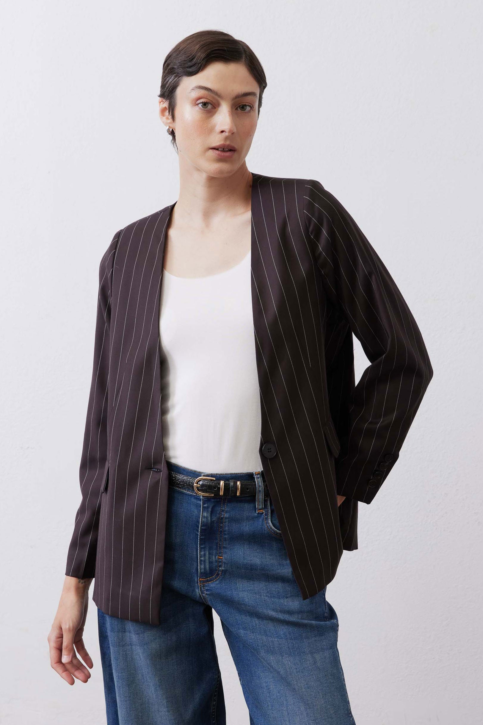 Relaxed Single-Breasted Blazer in Black White Pinstripe