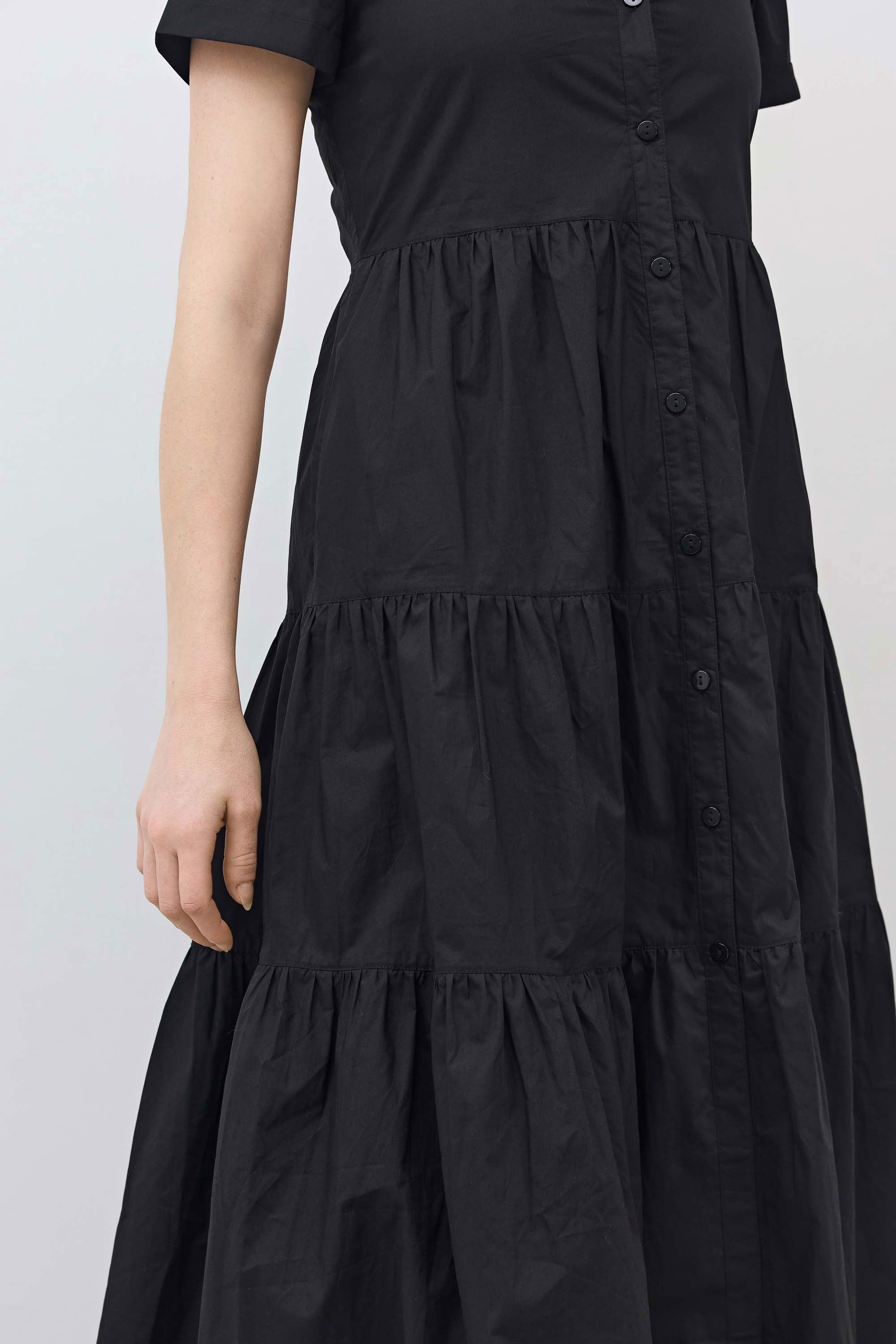 Pleated Button-Down Midi Poplin Dress in Black