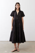 Pleated Button-Down Midi Poplin Dress in Black