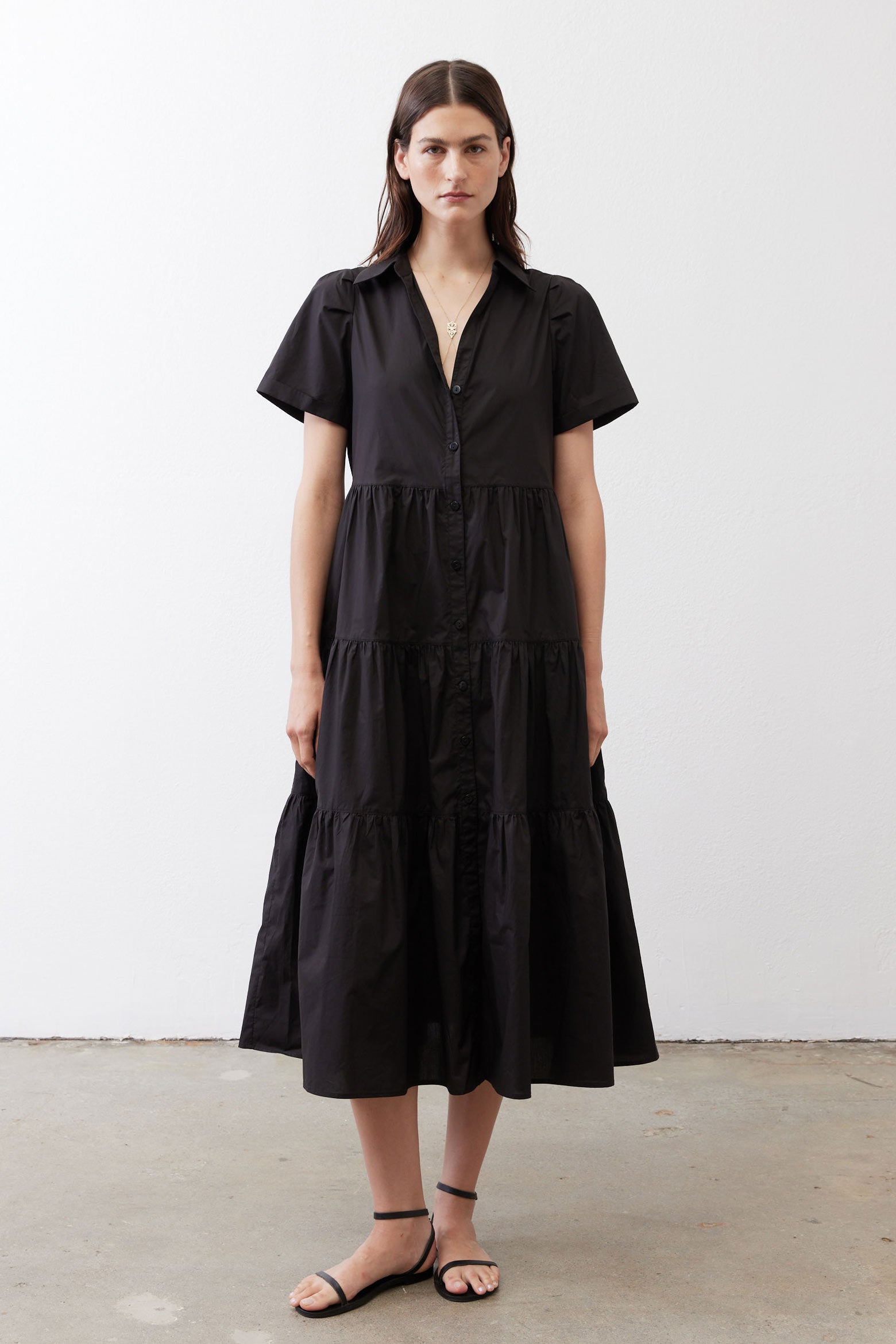 Pleated Button-Down Midi Poplin Dress in Black