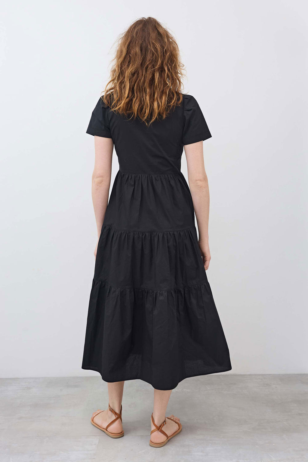 Pleated Button-Down Midi Poplin Dress in Black