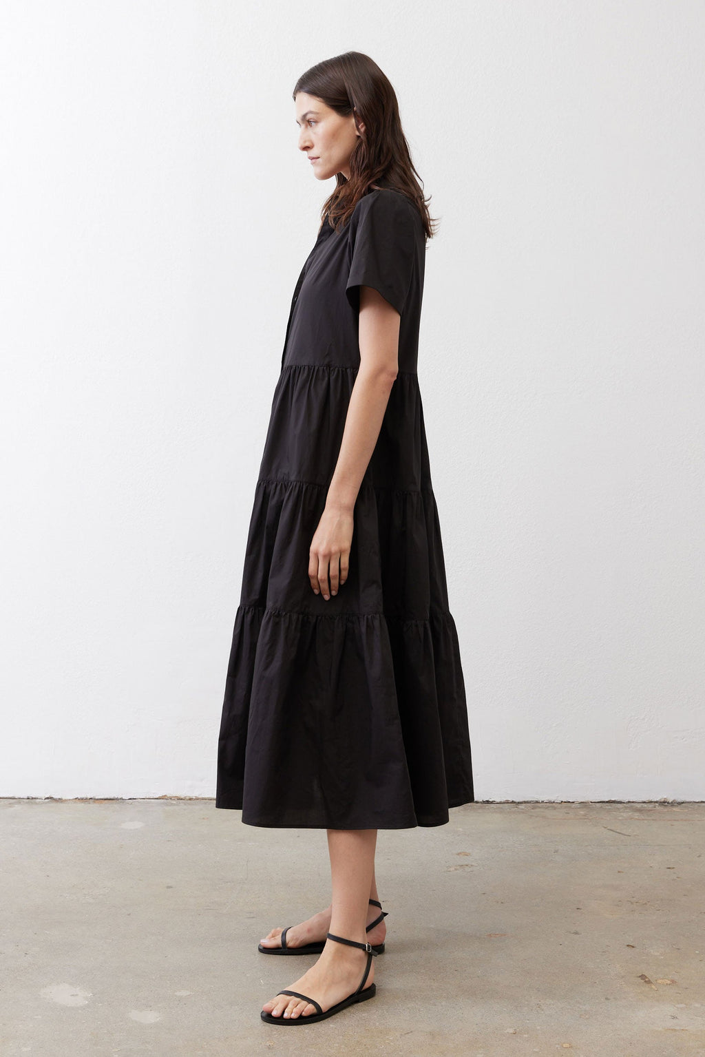Pleated Button-Down Midi Poplin Dress in Black