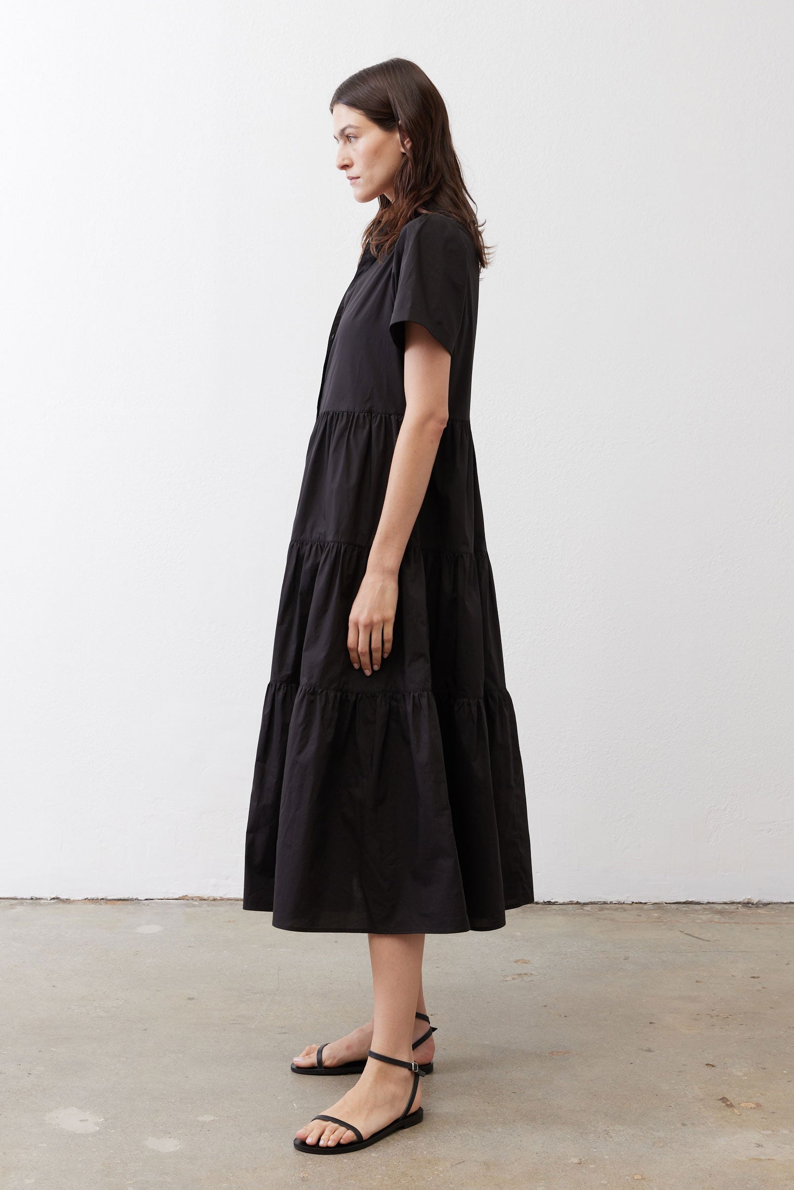 Pleated Button-Down Midi Poplin Dress in Black