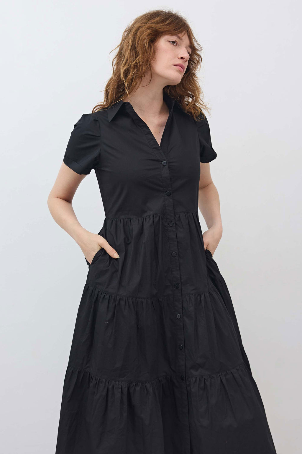 Pleated Button-Down Midi Poplin Dress in Black