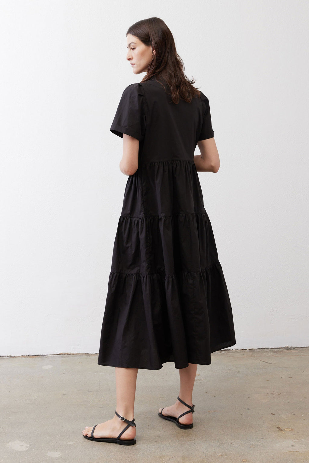 Pleated Button-Down Midi Poplin Dress in Black
