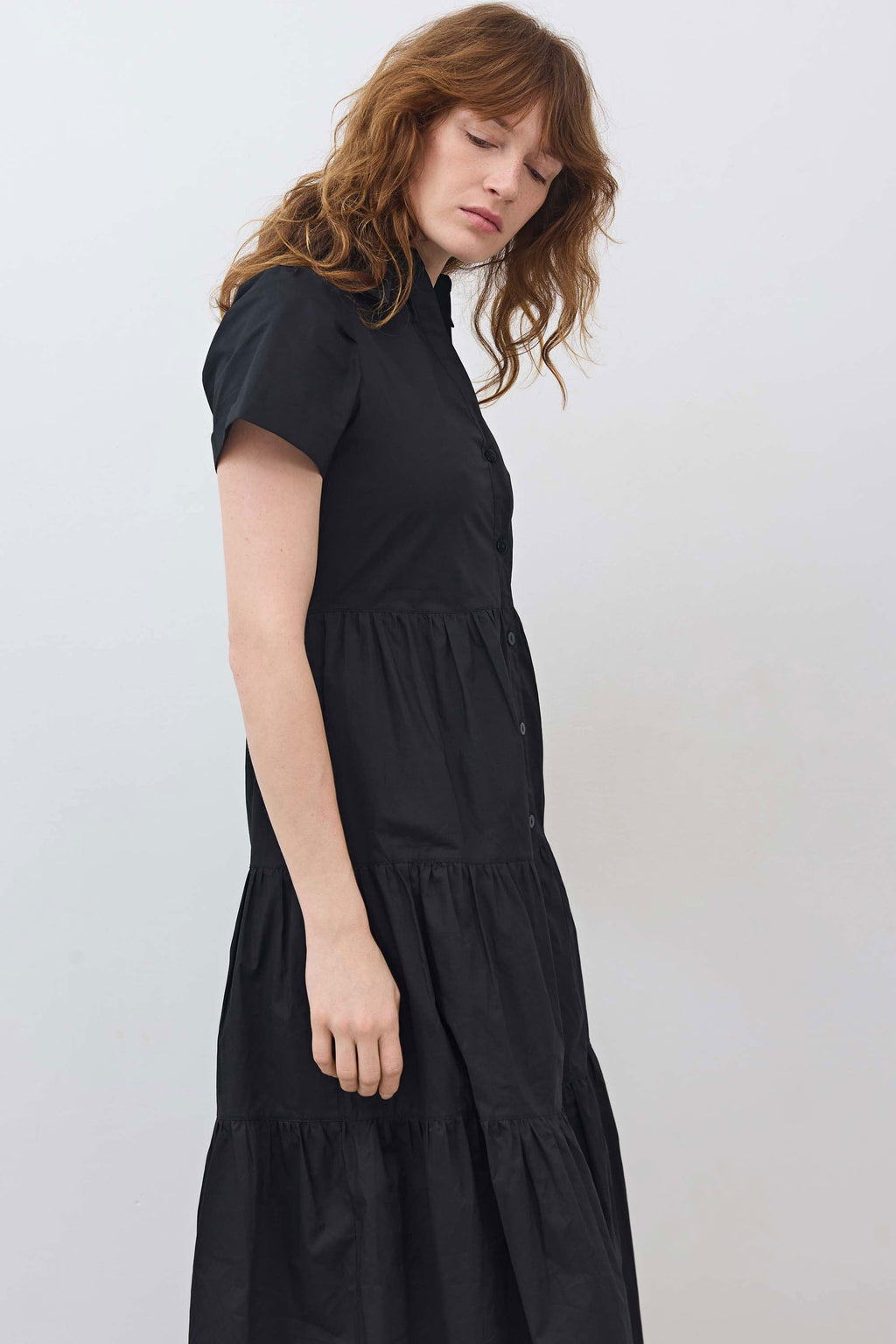 Pleated Button-Down Midi Poplin Dress in Black