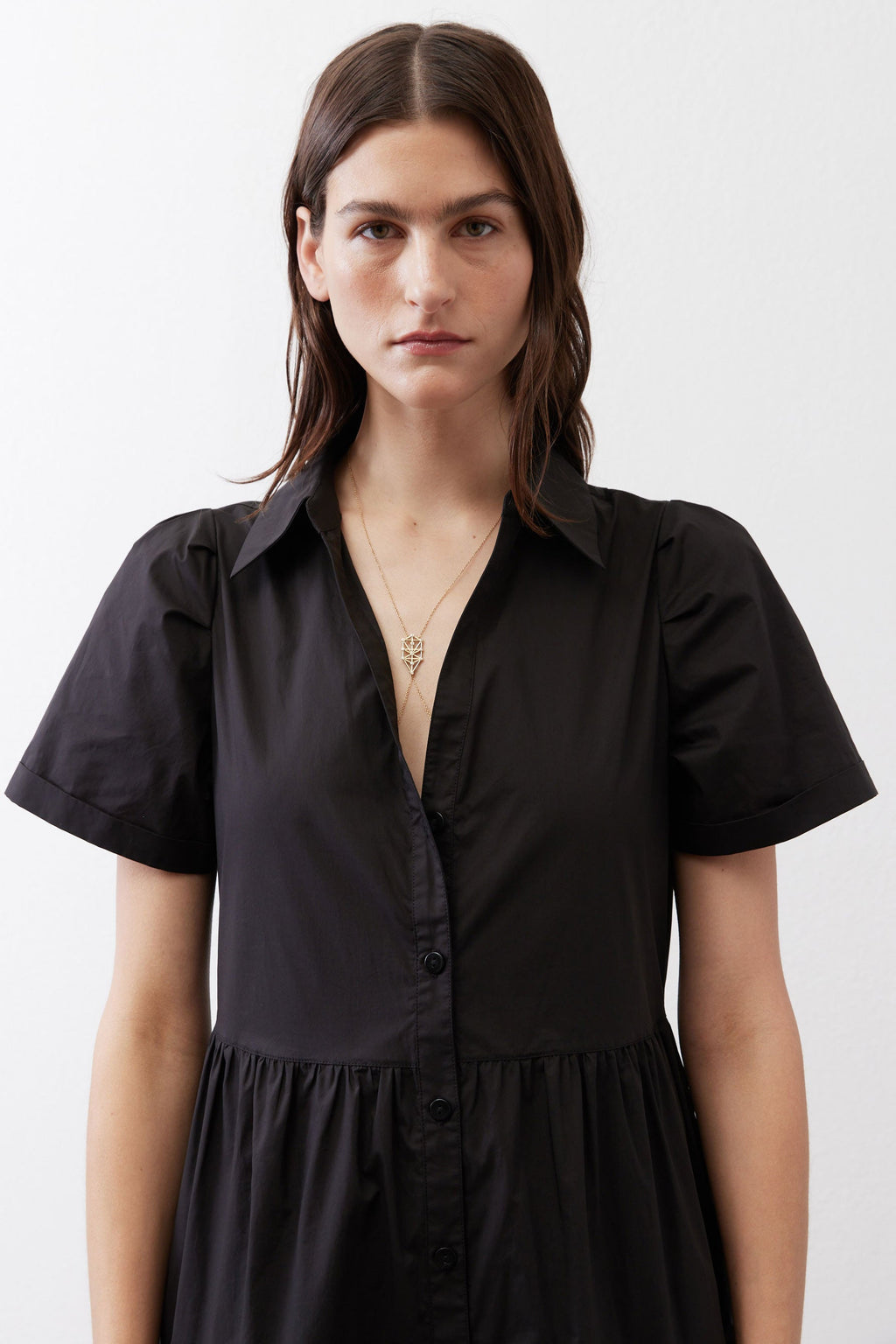 Pleated Button-Down Midi Poplin Dress in Black
