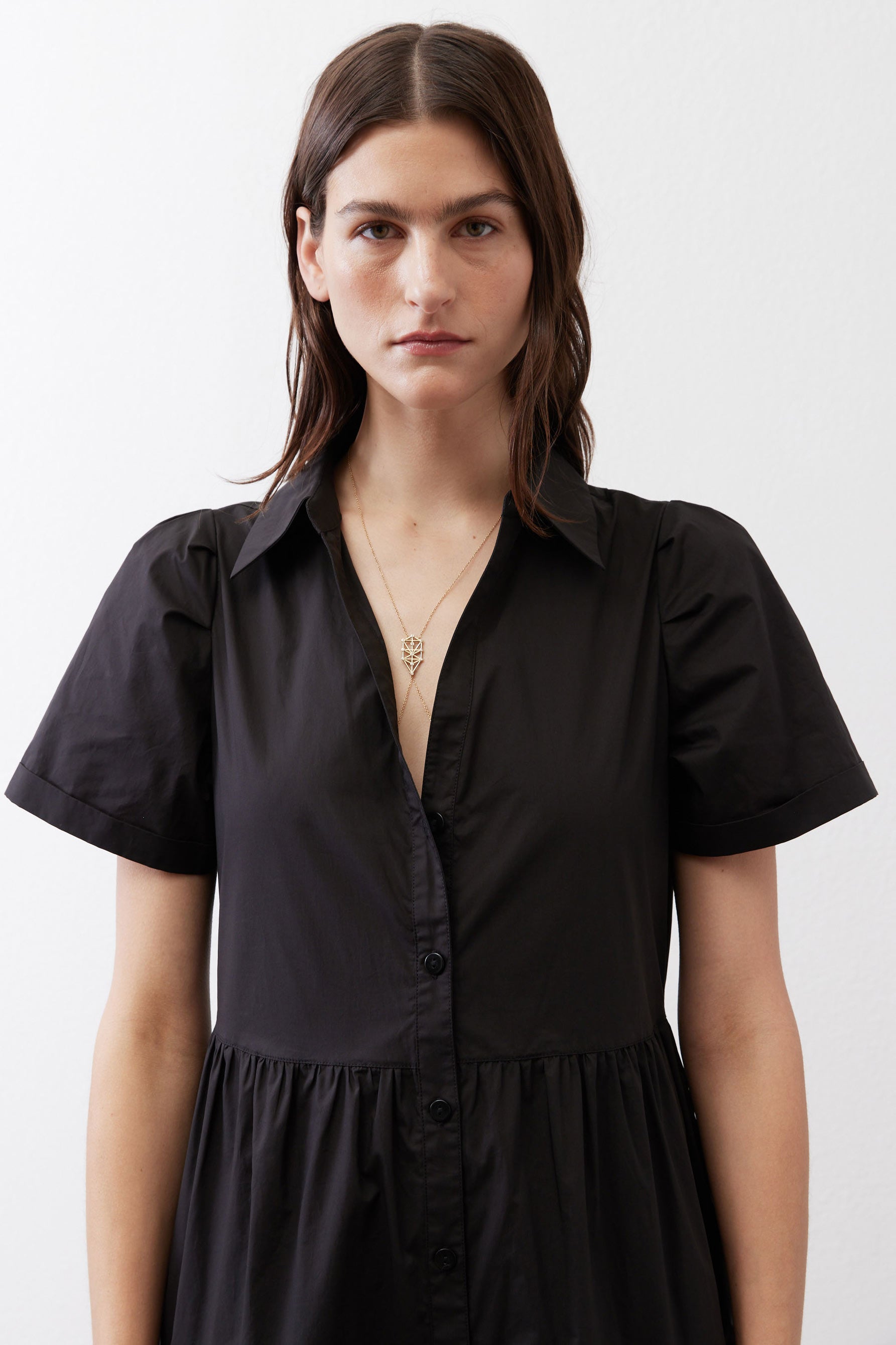 Pleated Button-Down Midi Poplin Dress in Black