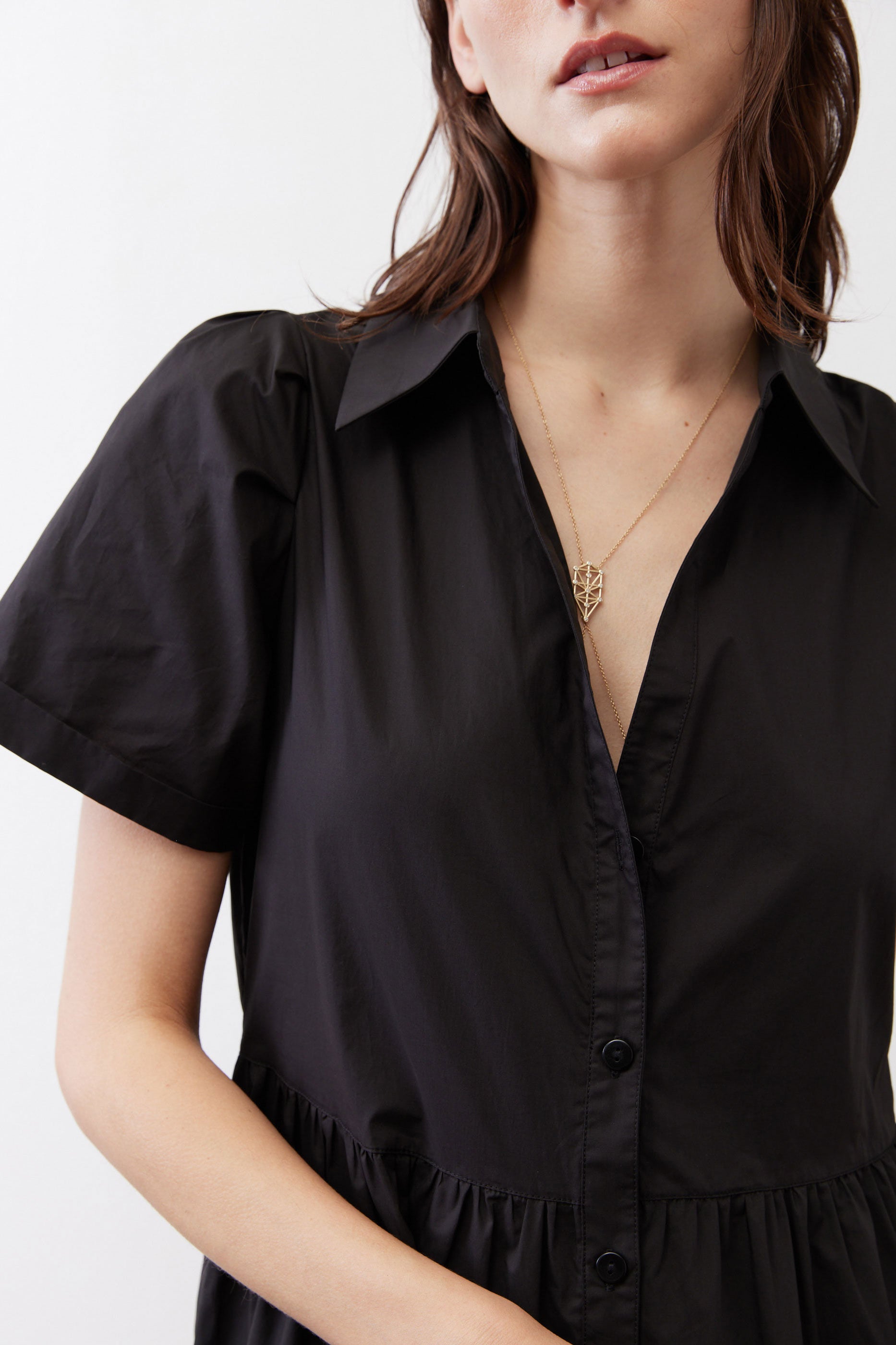 Pleated Button-Down Midi Poplin Dress in Black