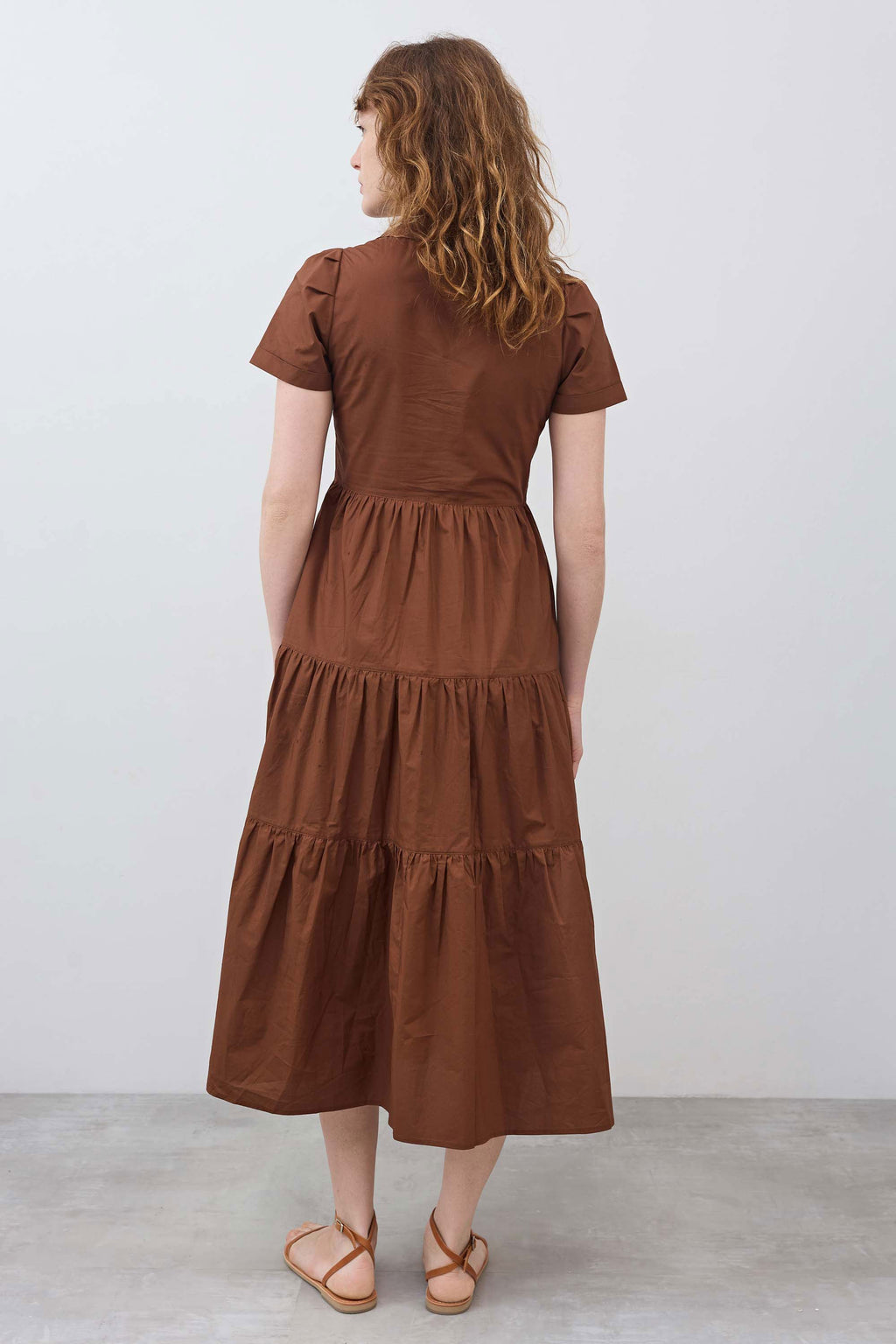 Pleated Button-Down Midi Poplin Dress in Copper