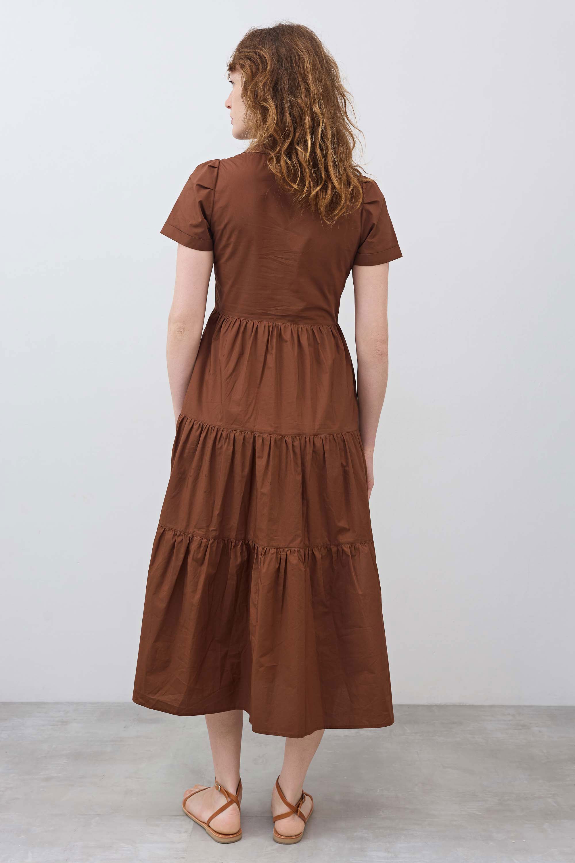 Pleated Button-Down Midi Poplin Dress in Copper