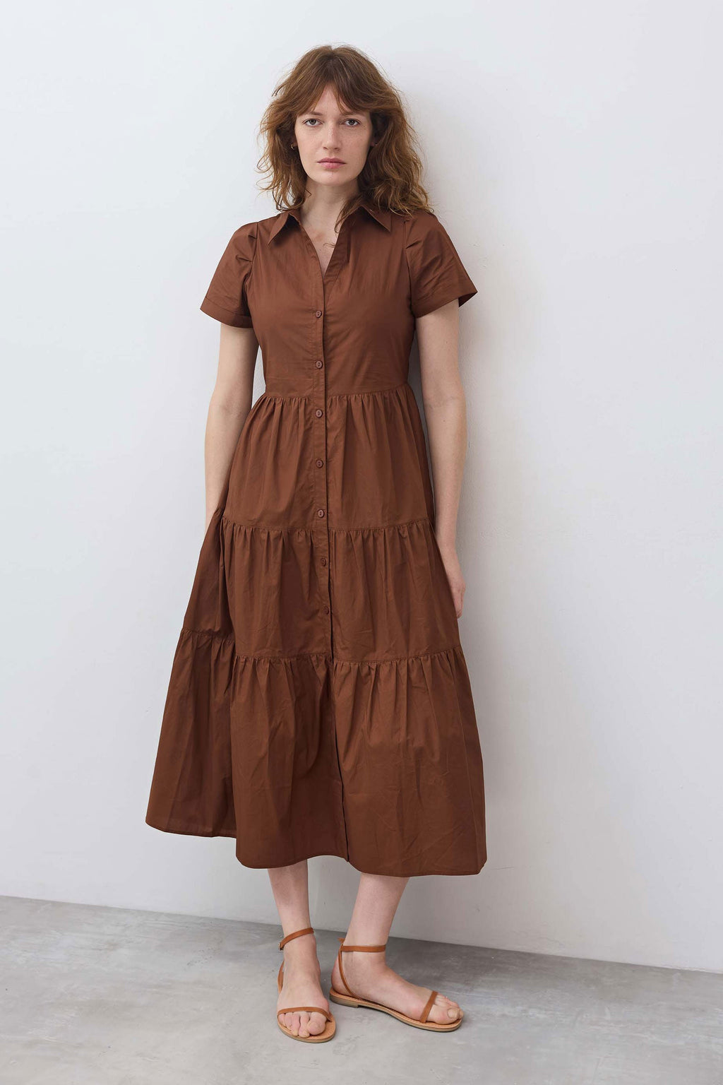 Pleated Button-Down Midi Poplin Dress in Copper