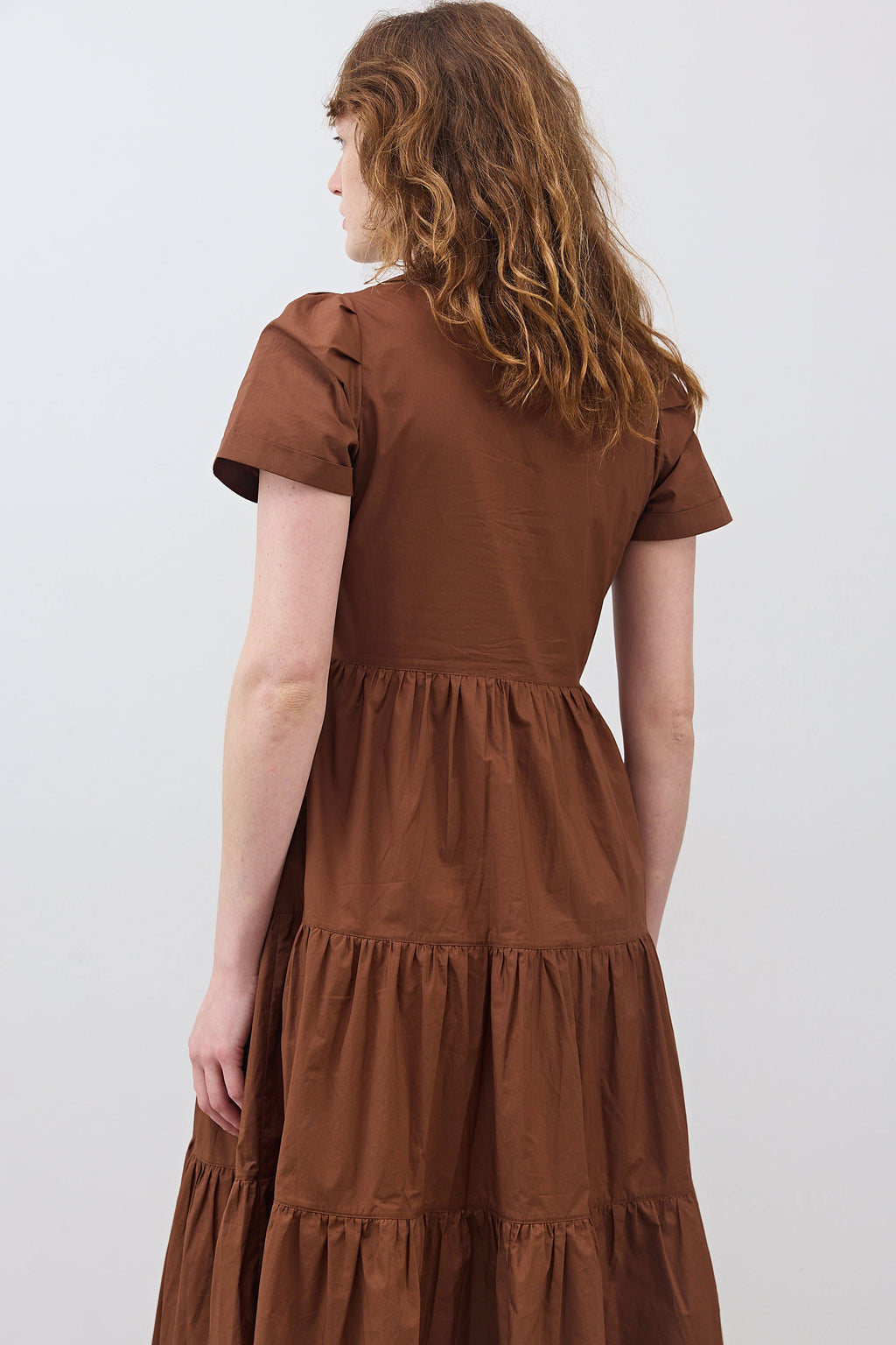 Pleated Button-Down Midi Poplin Dress in Copper