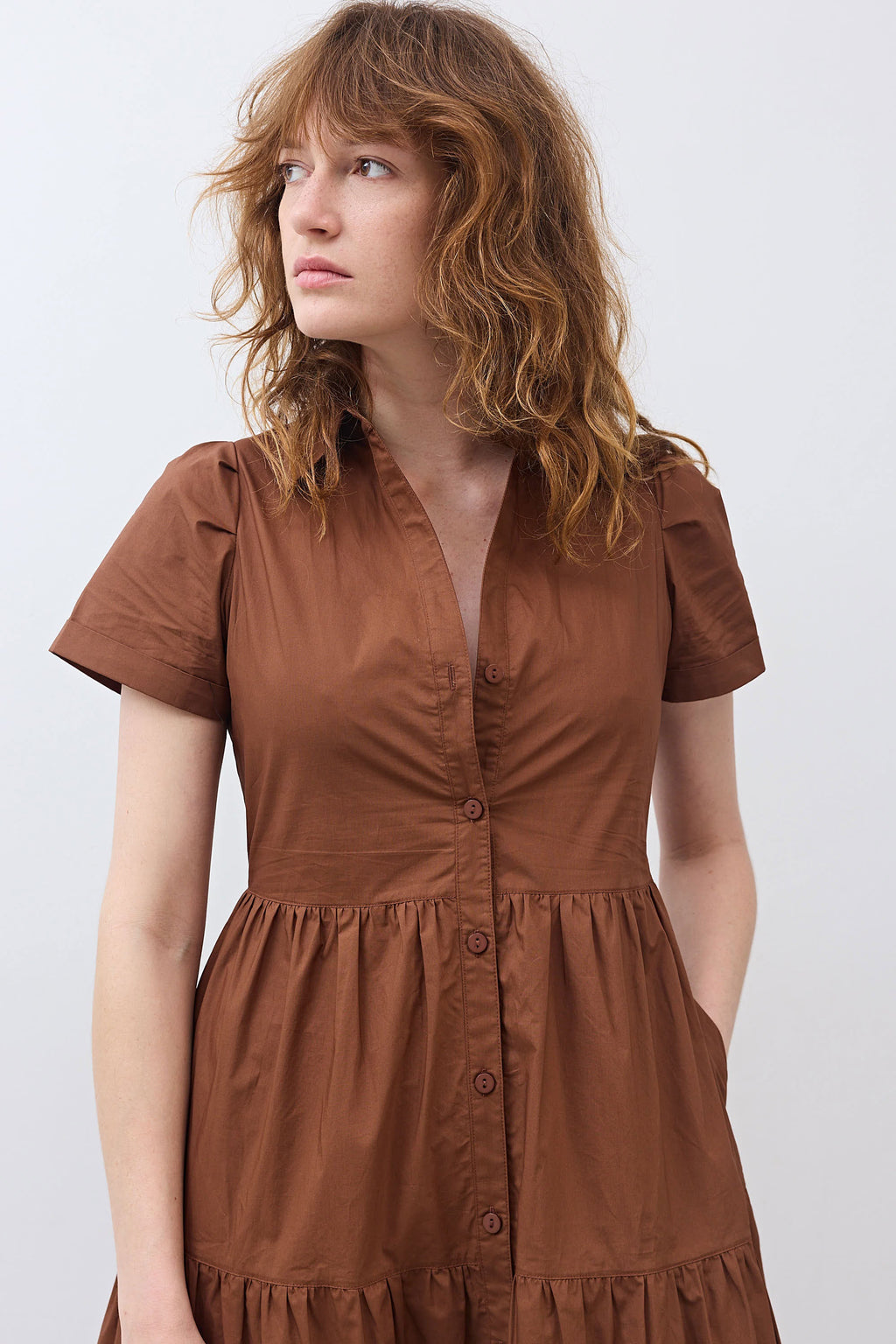 Pleated Button-Down Midi Poplin Dress in Copper