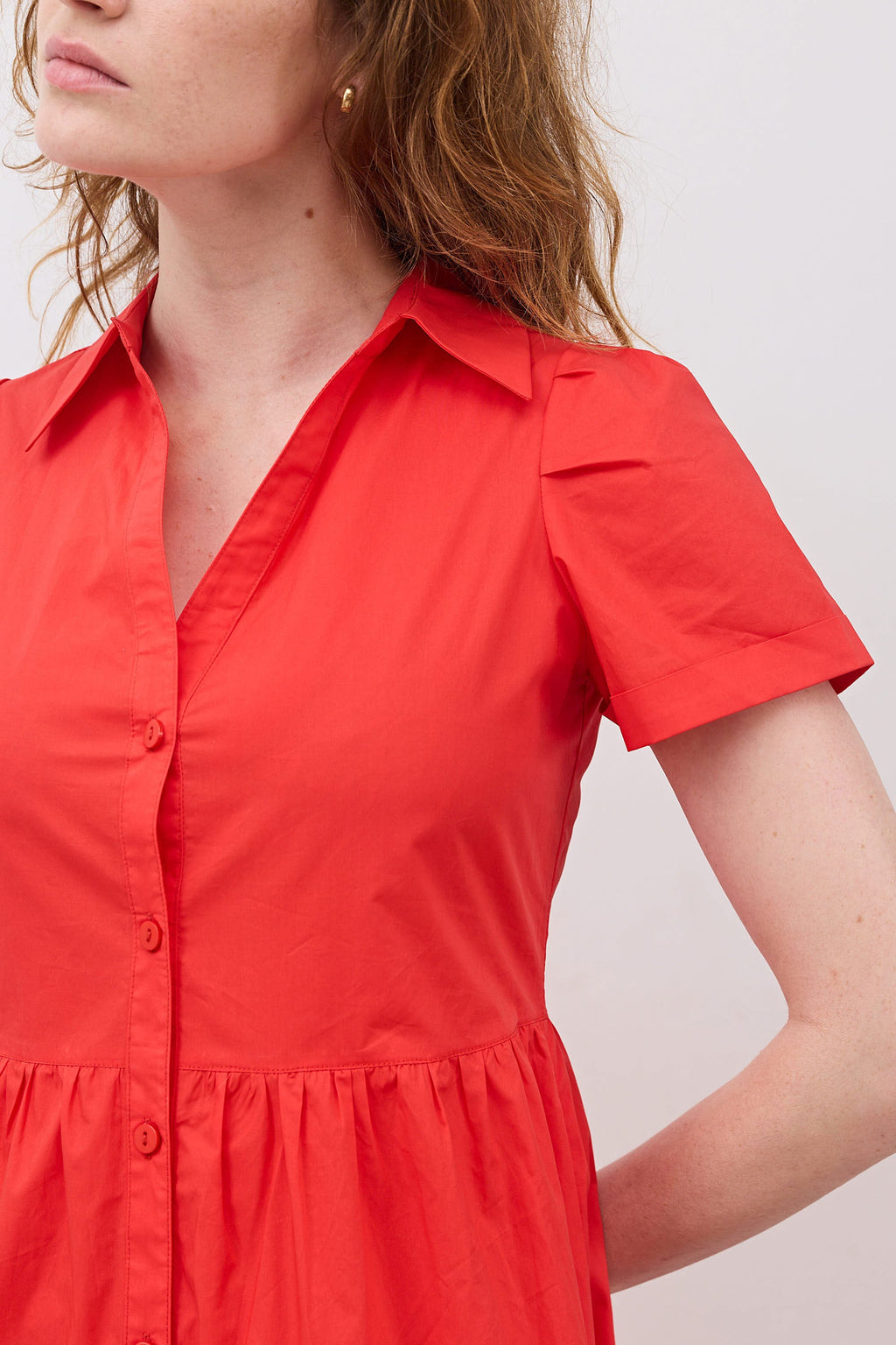 Pleated Button-Down Midi Poplin Dress in Hot Coral