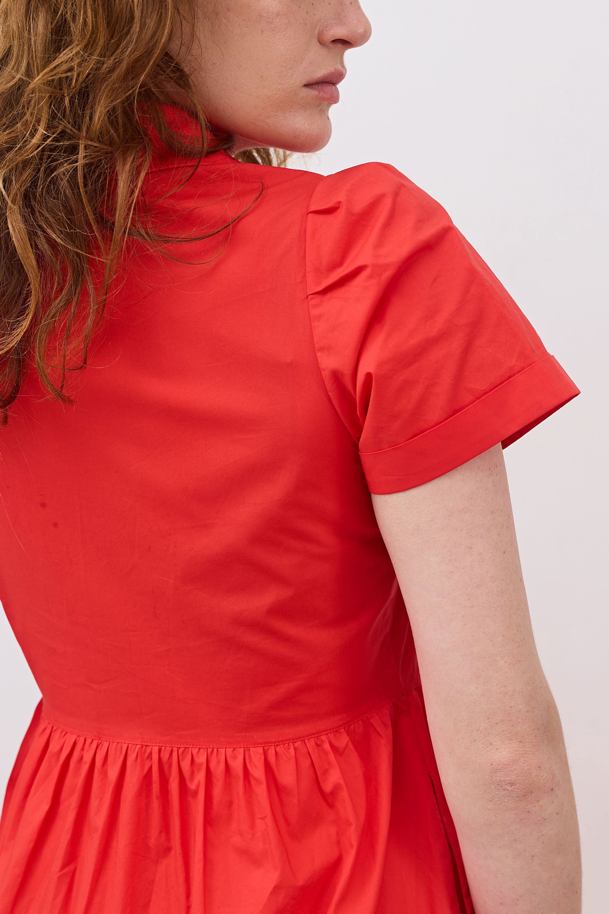 Pleated Button-Down Midi Poplin Dress in Hot Coral