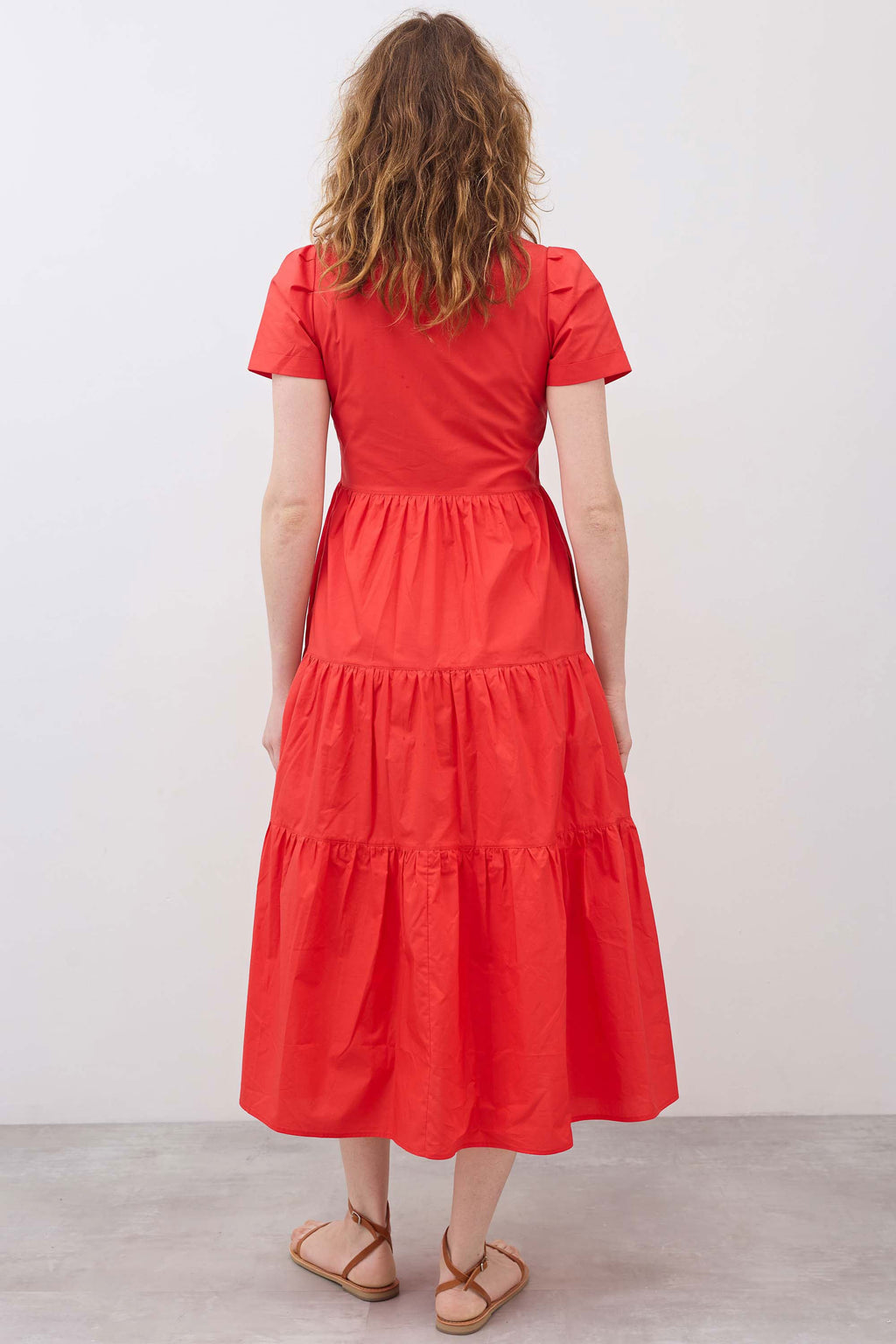 Pleated Button-Down Midi Poplin Dress in Hot Coral