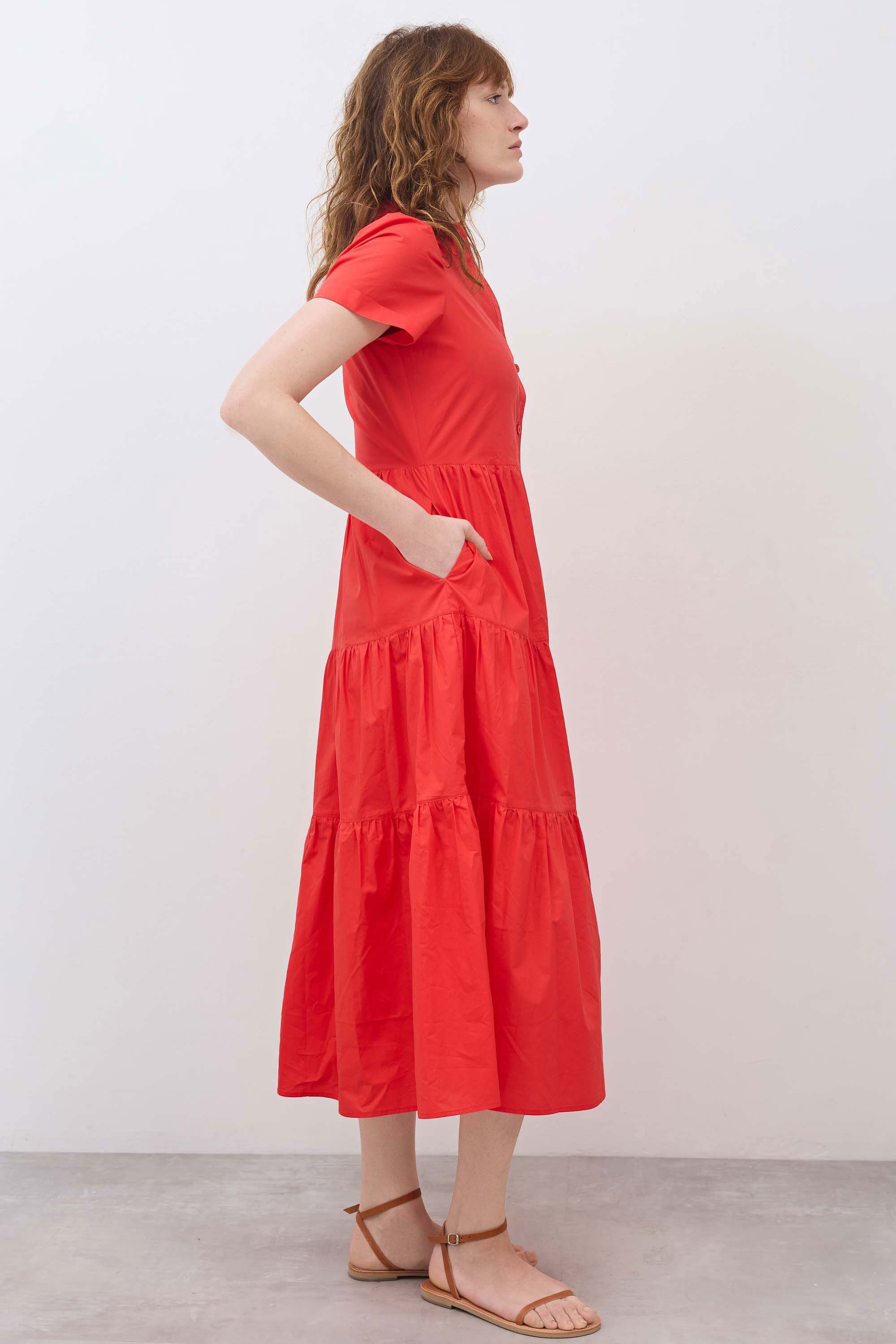 Pleated Button-Down Midi Poplin Dress in Hot Coral