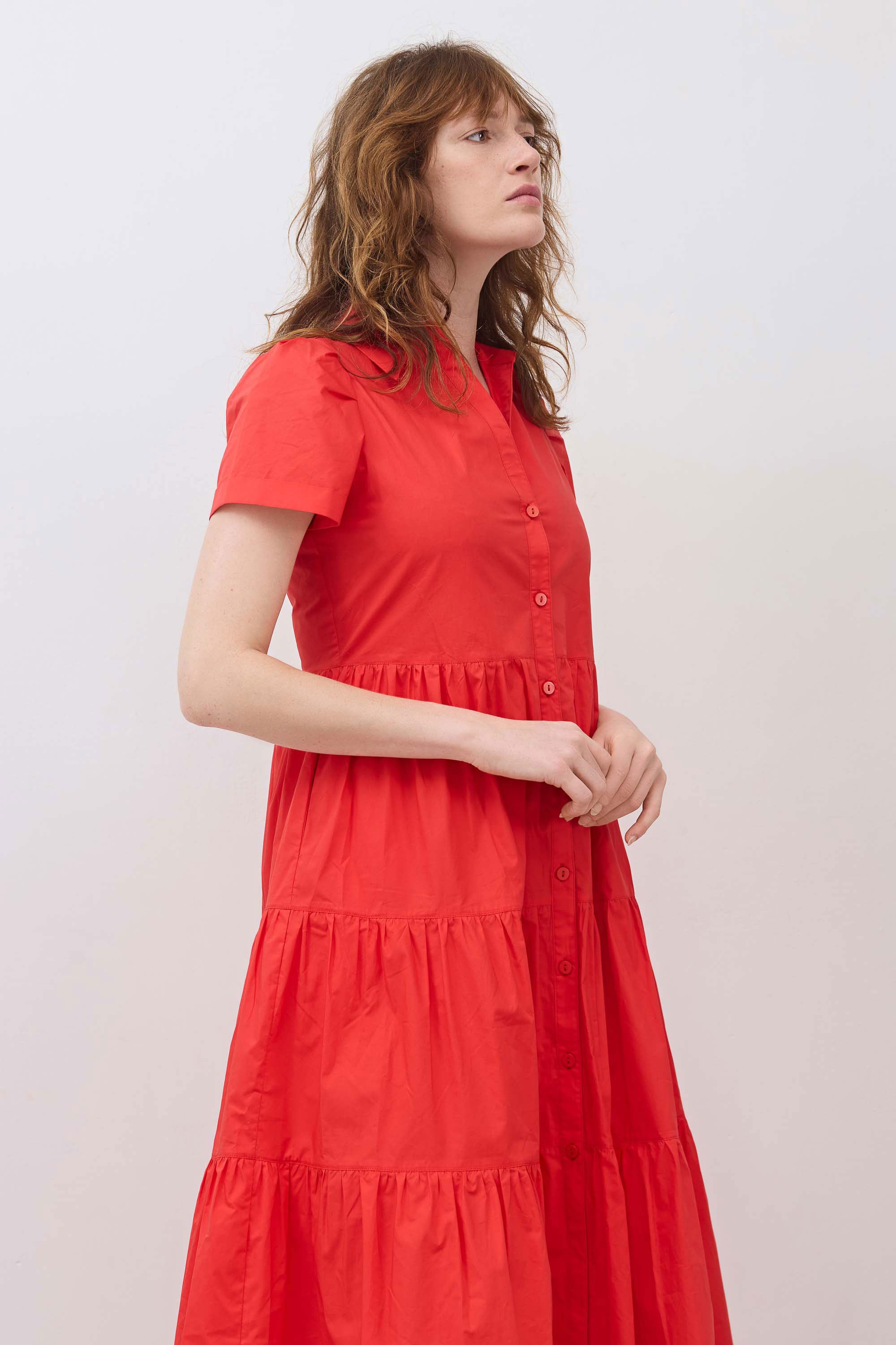 Pleated Button-Down Midi Poplin Dress in Hot Coral