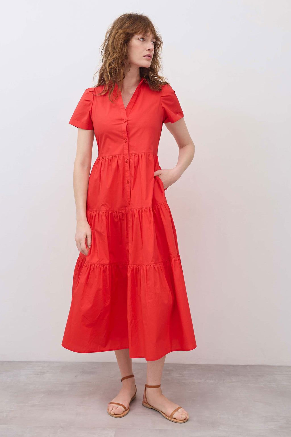 Pleated Button-Down Midi Poplin Dress in Hot Coral