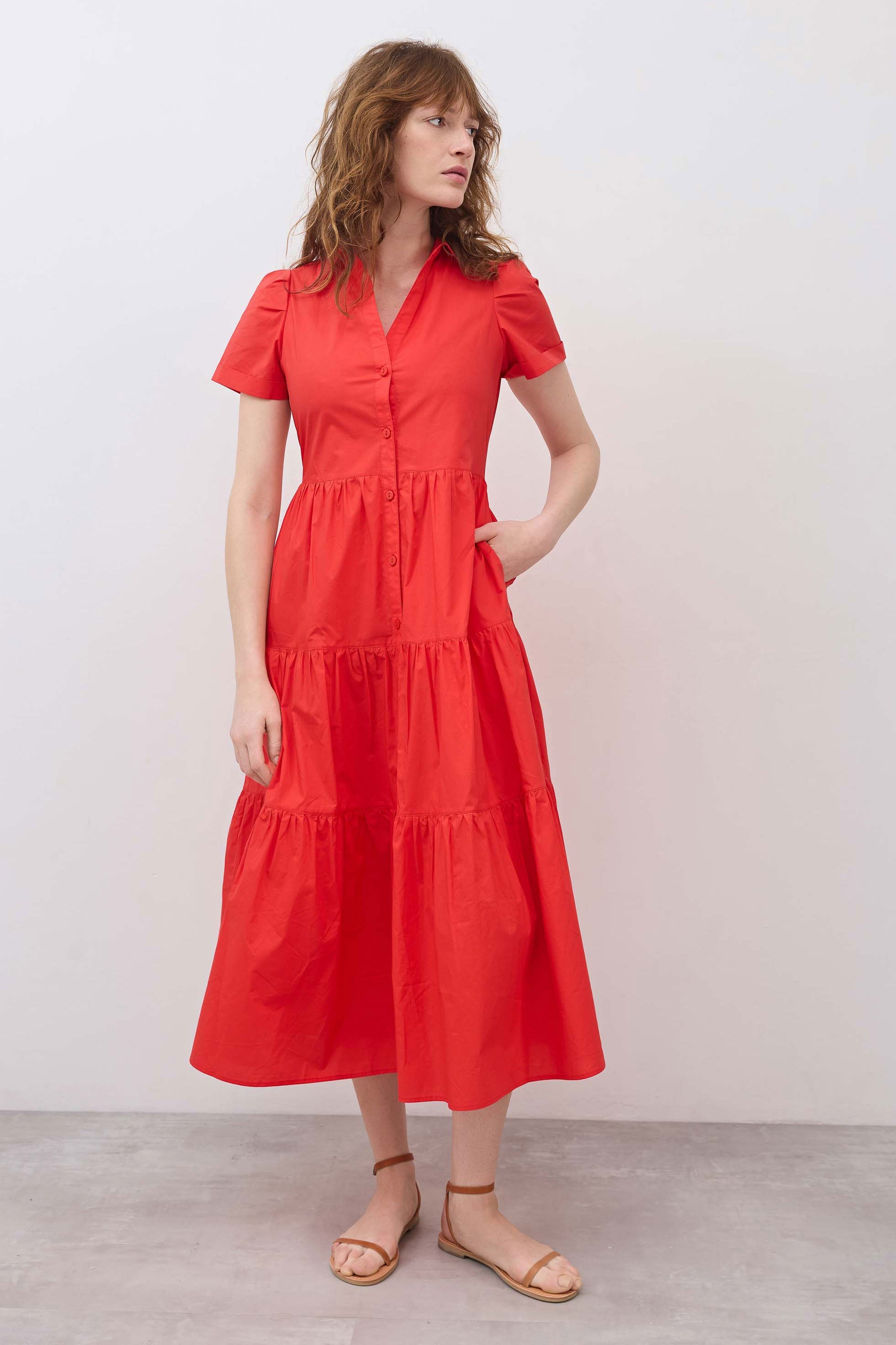 Pleated Button-Down Midi Poplin Dress in Hot Coral