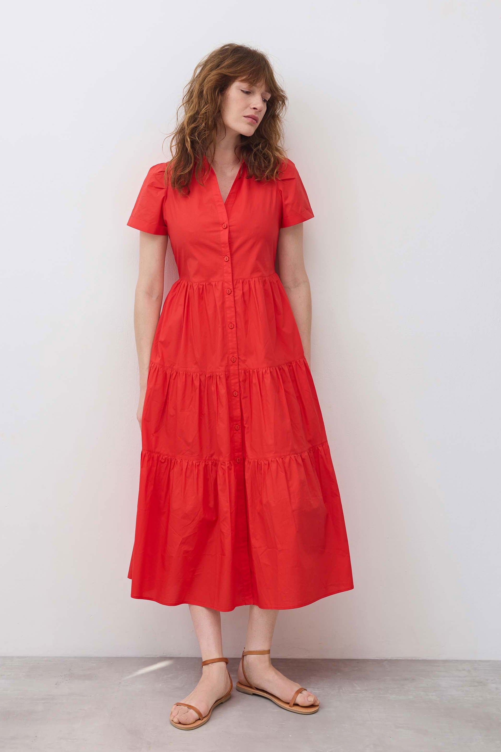 Pleated Button-Down Midi Poplin Dress in Hot Coral