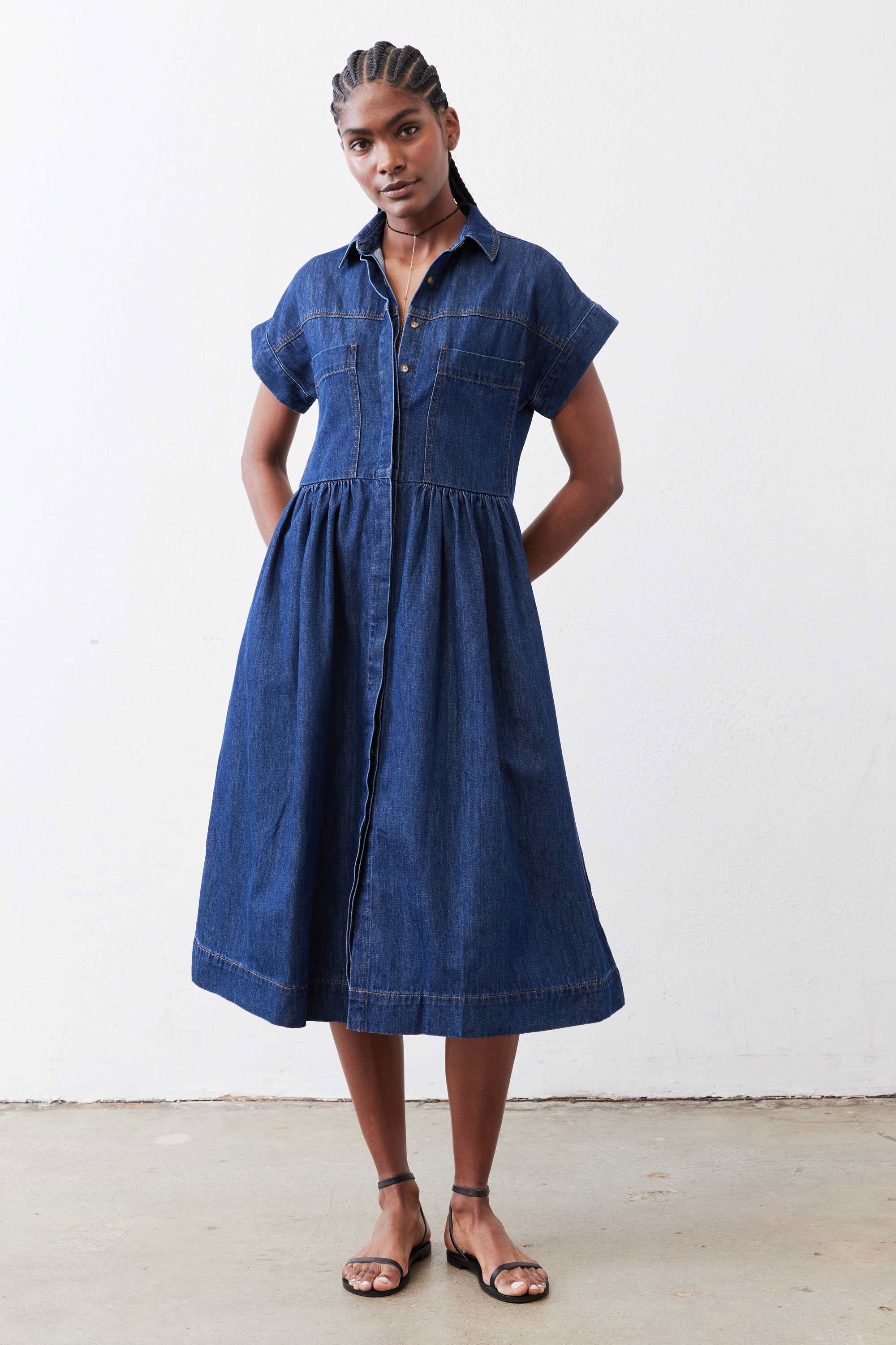 Button-Front Midi Denim Shirt Dress