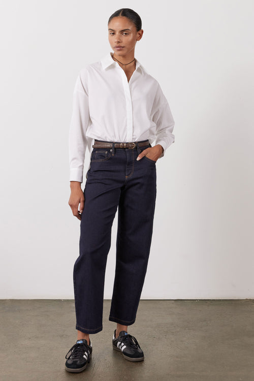 Barrel-Leg Stretch Denim Jeans in Rich Dark Wash