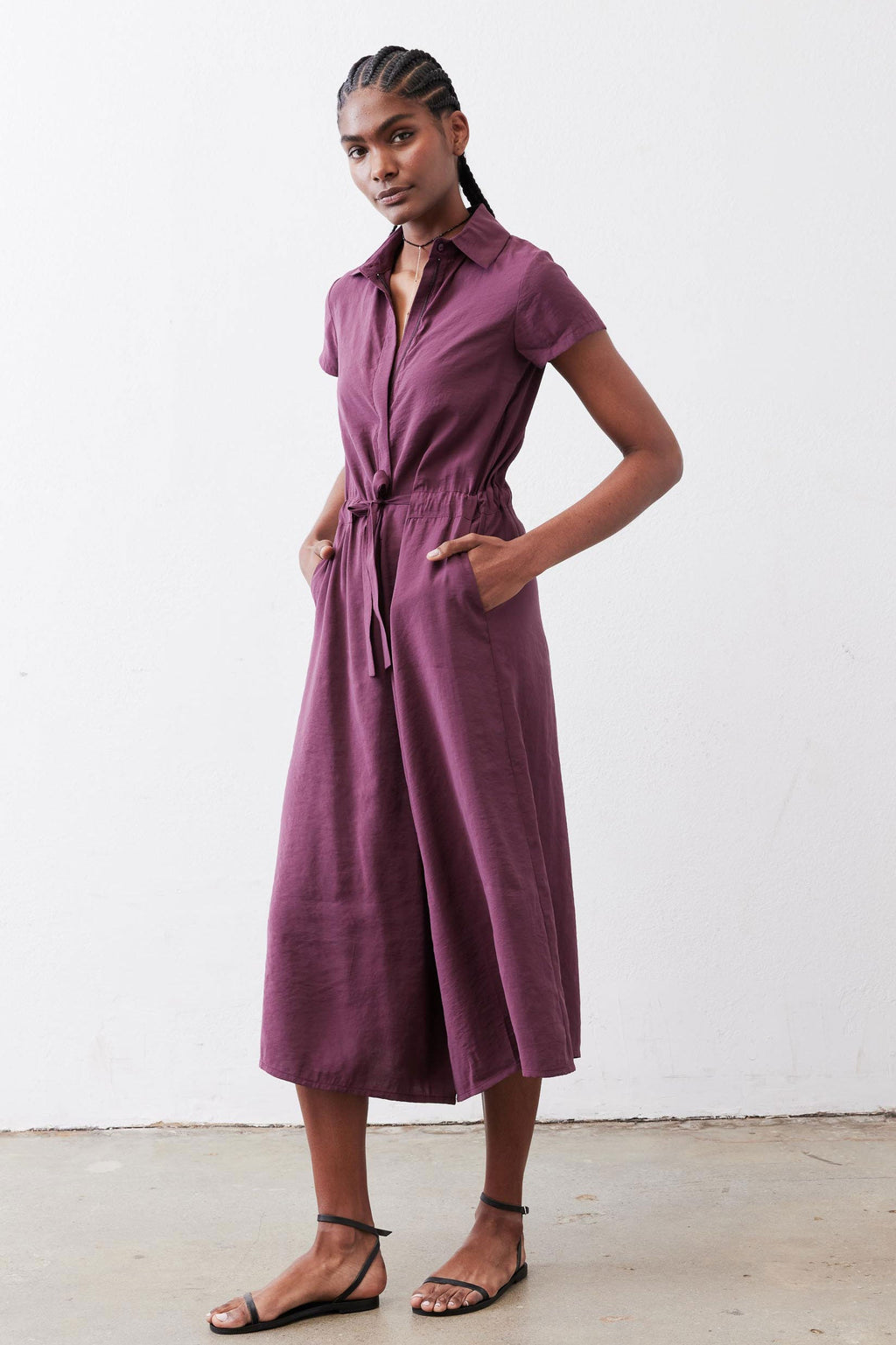 Cropped Tie-Waist Collared Jumpsuit in Malbec