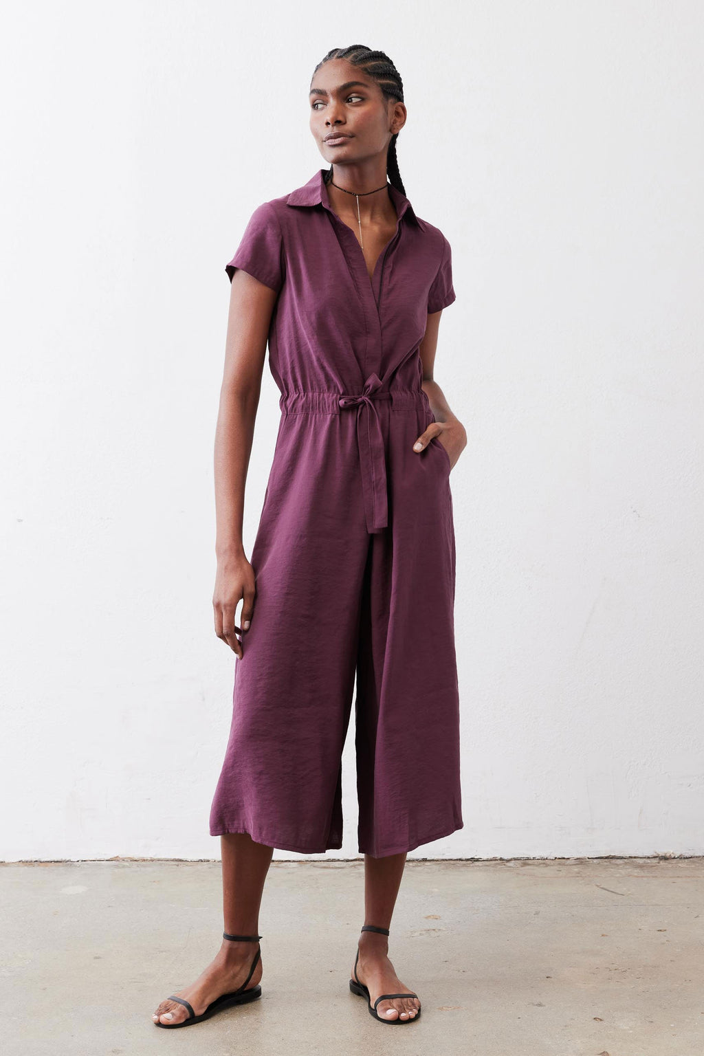 Cropped Tie-Waist Collared Jumpsuit in Malbec