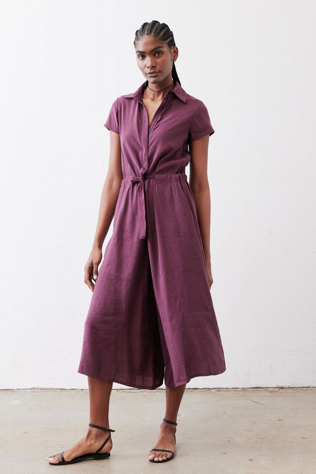Cropped Tie-Waist Collared Jumpsuit in Malbec