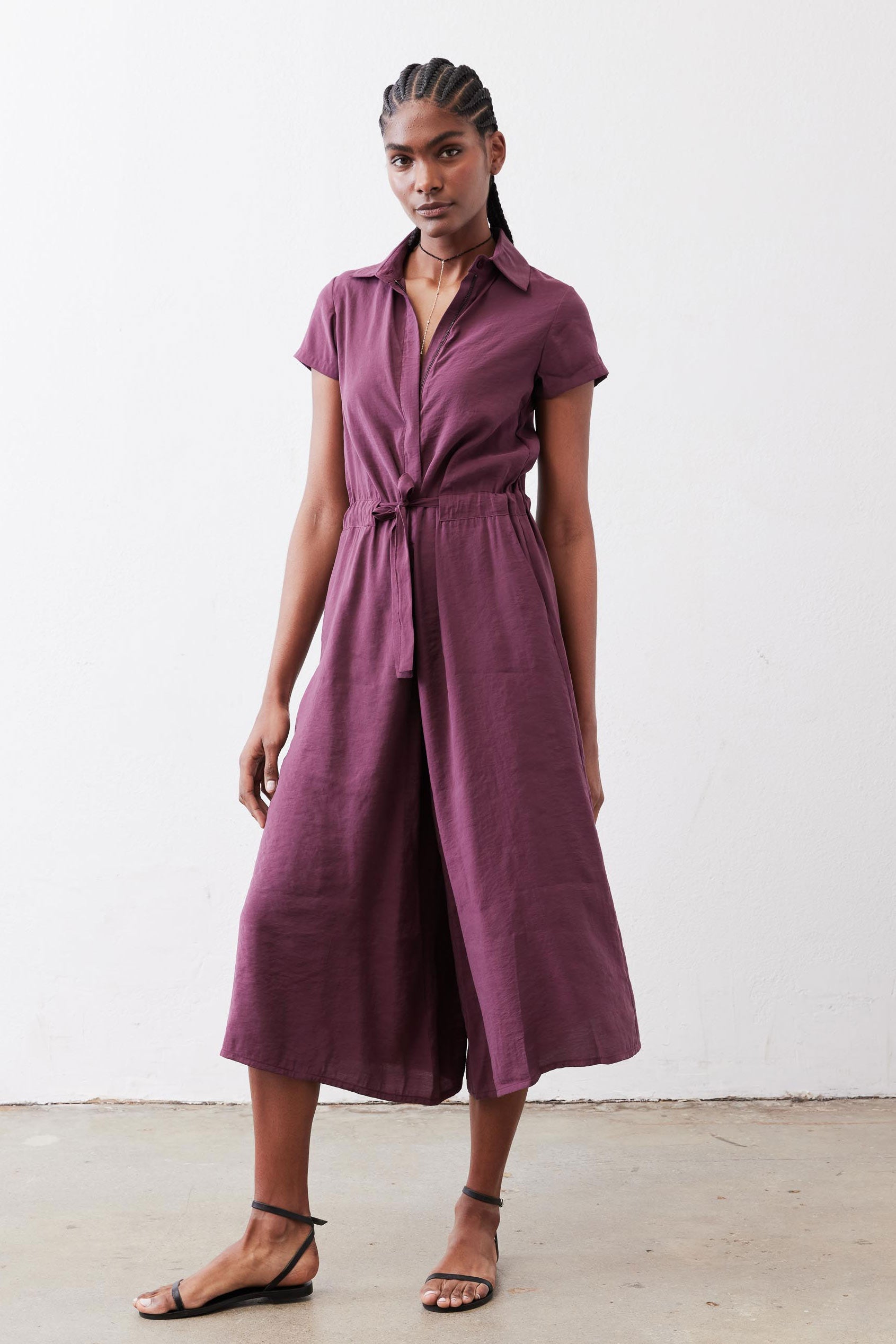 Cropped Tie-Waist Collared Jumpsuit in Malbec