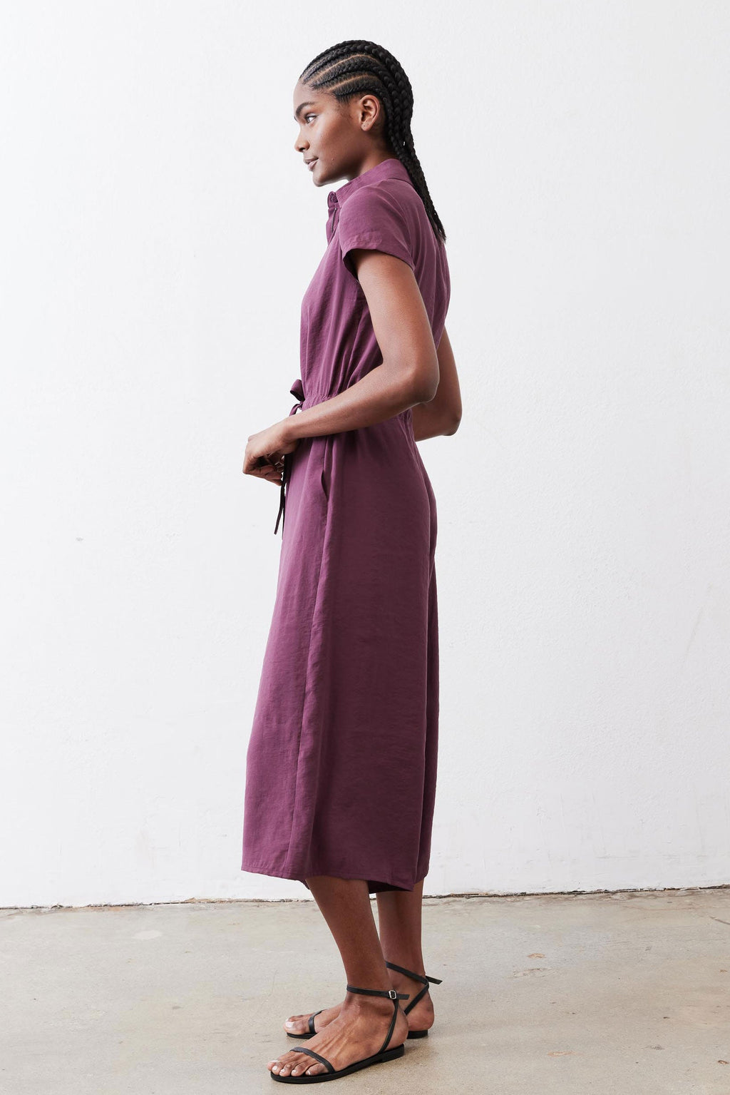 Cropped Tie-Waist Collared Jumpsuit in Malbec