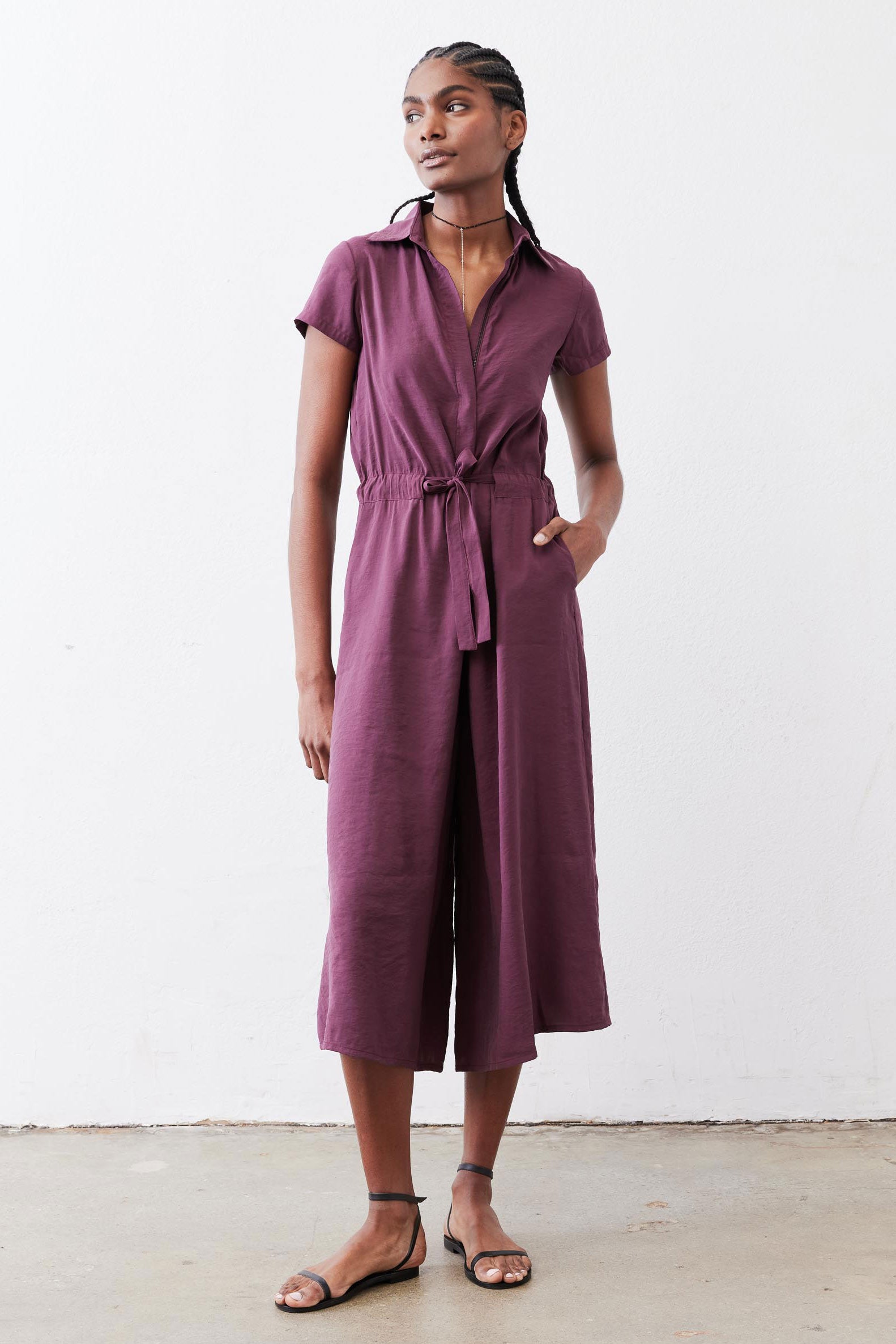 Cropped Tie-Waist Collared Jumpsuit in Malbec