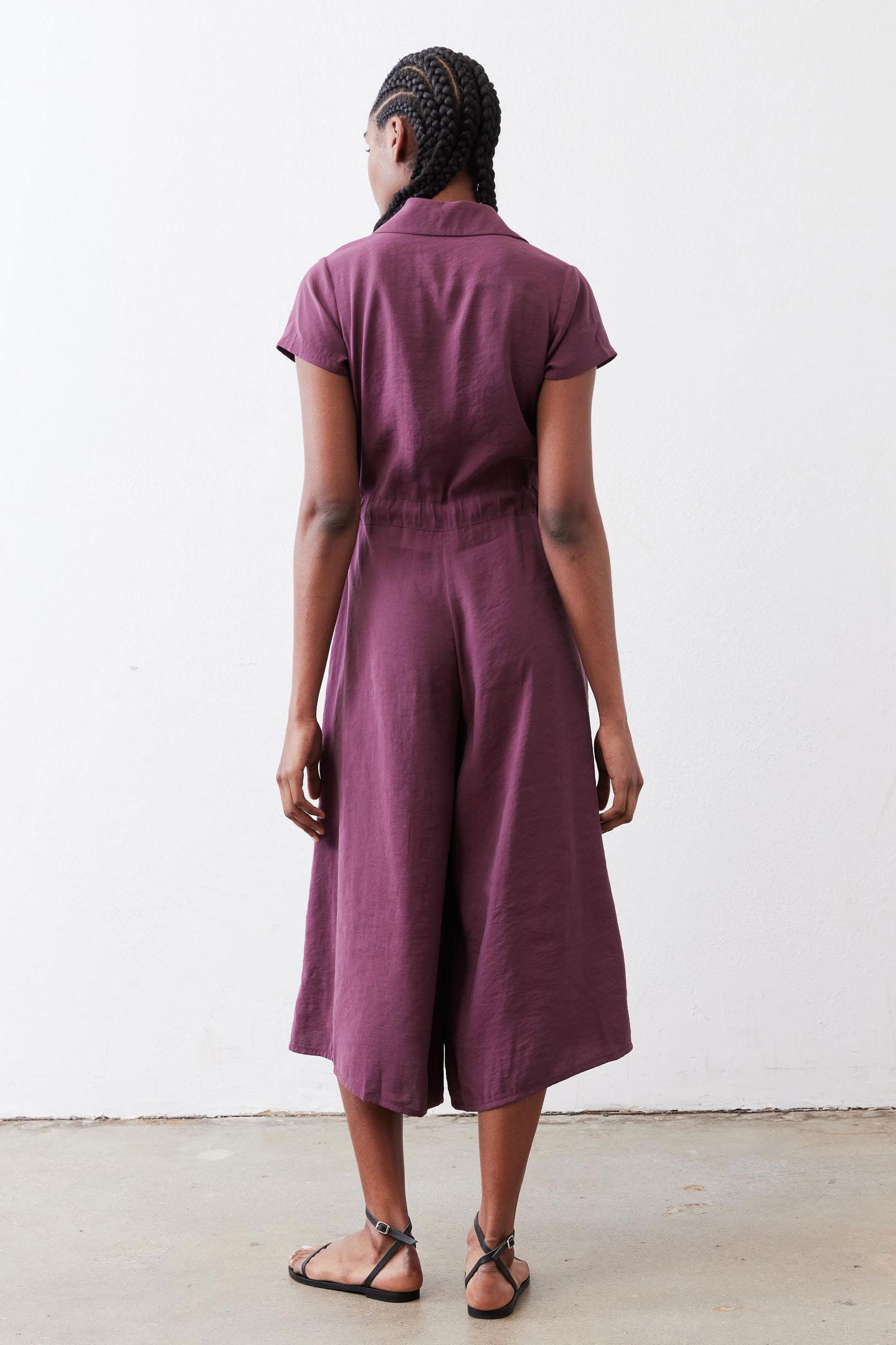 Cropped Tie-Waist Collared Jumpsuit in Malbec