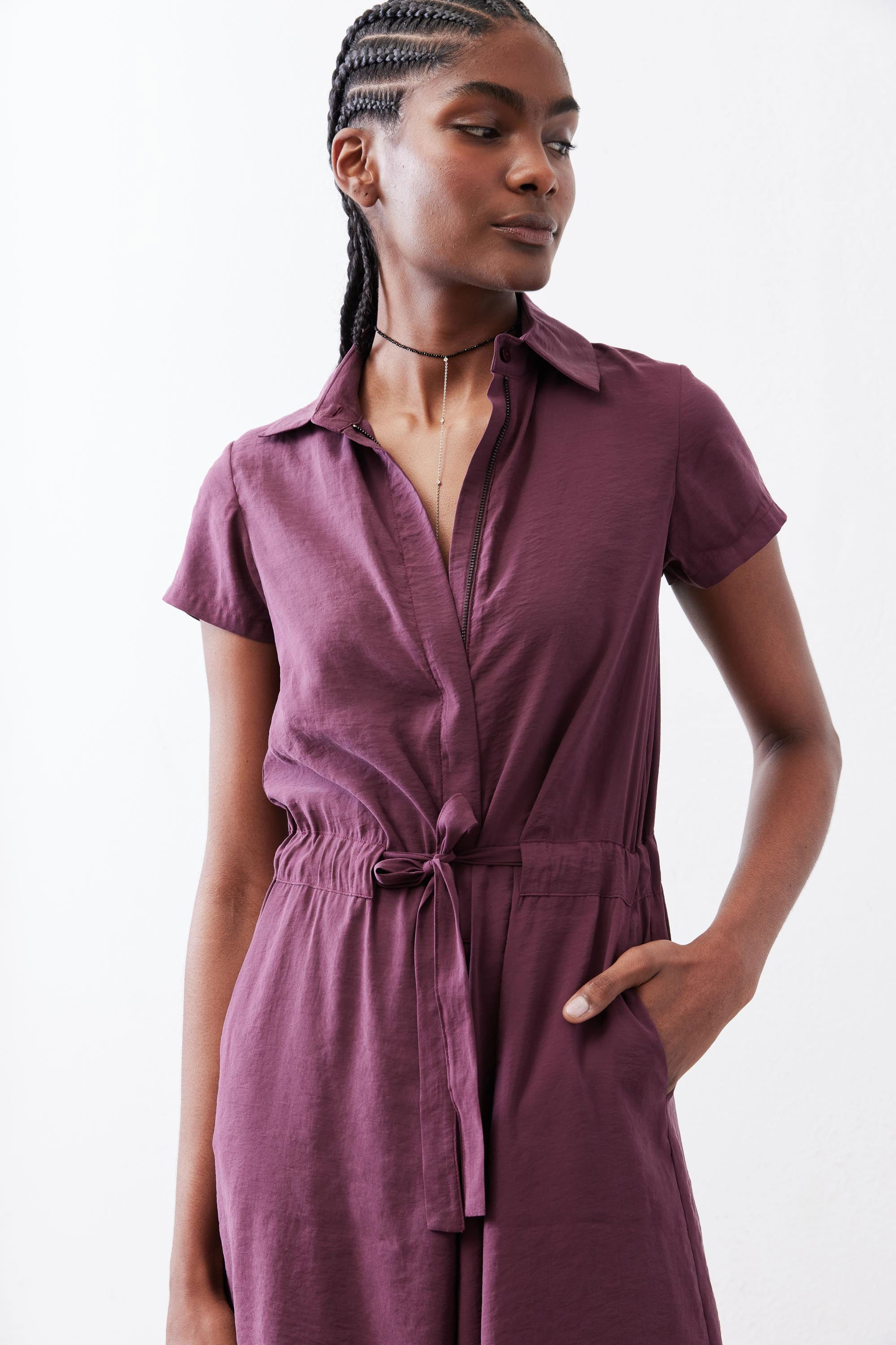 Cropped Tie-Waist Collared Jumpsuit in Malbec