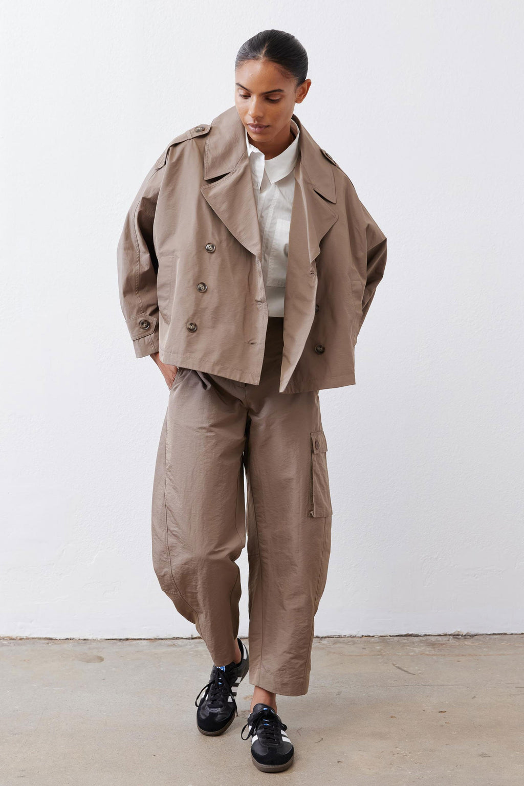 Oversized Nylon Trench Coat in Walnut