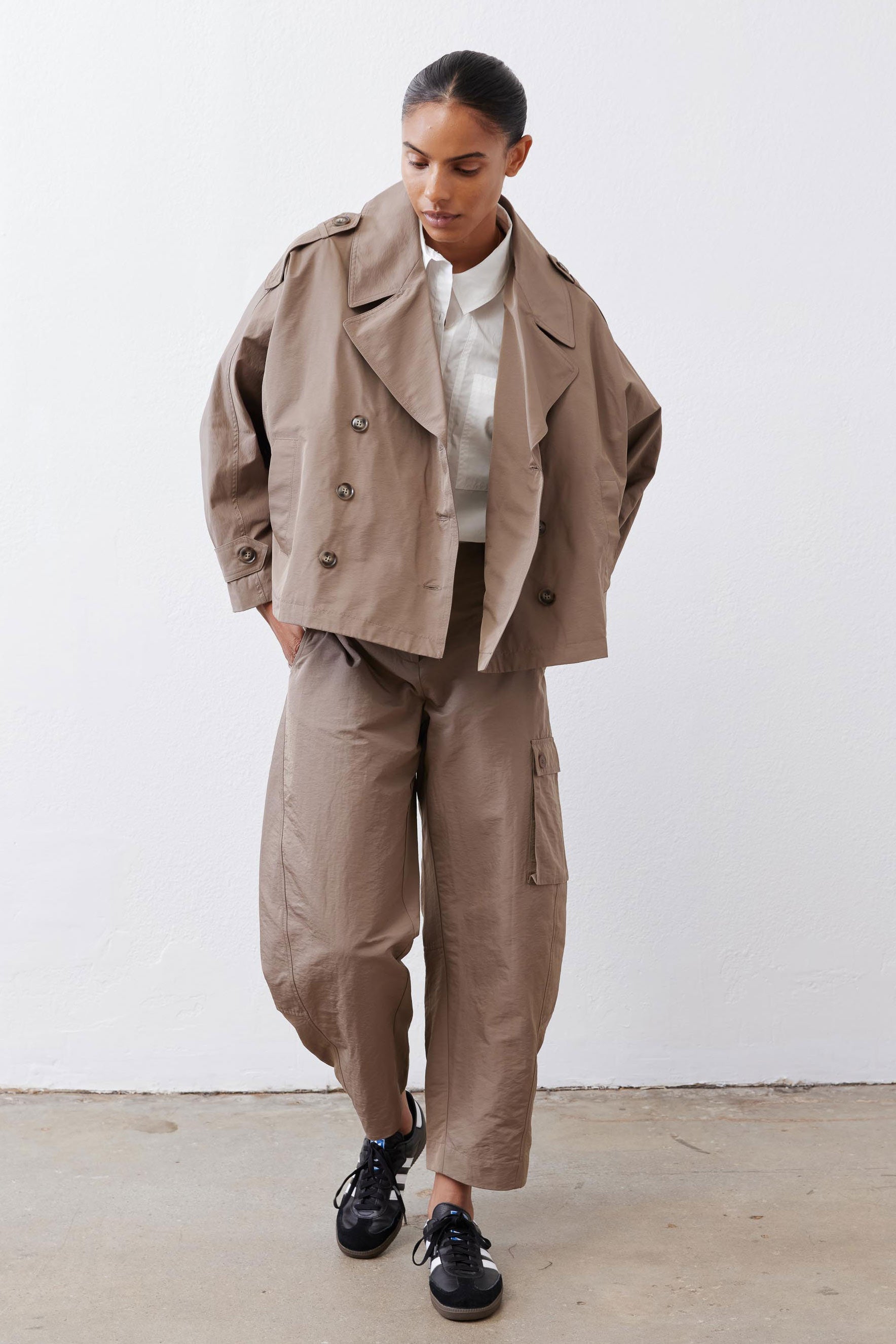 Oversized Nylon Trench Coat in Walnut