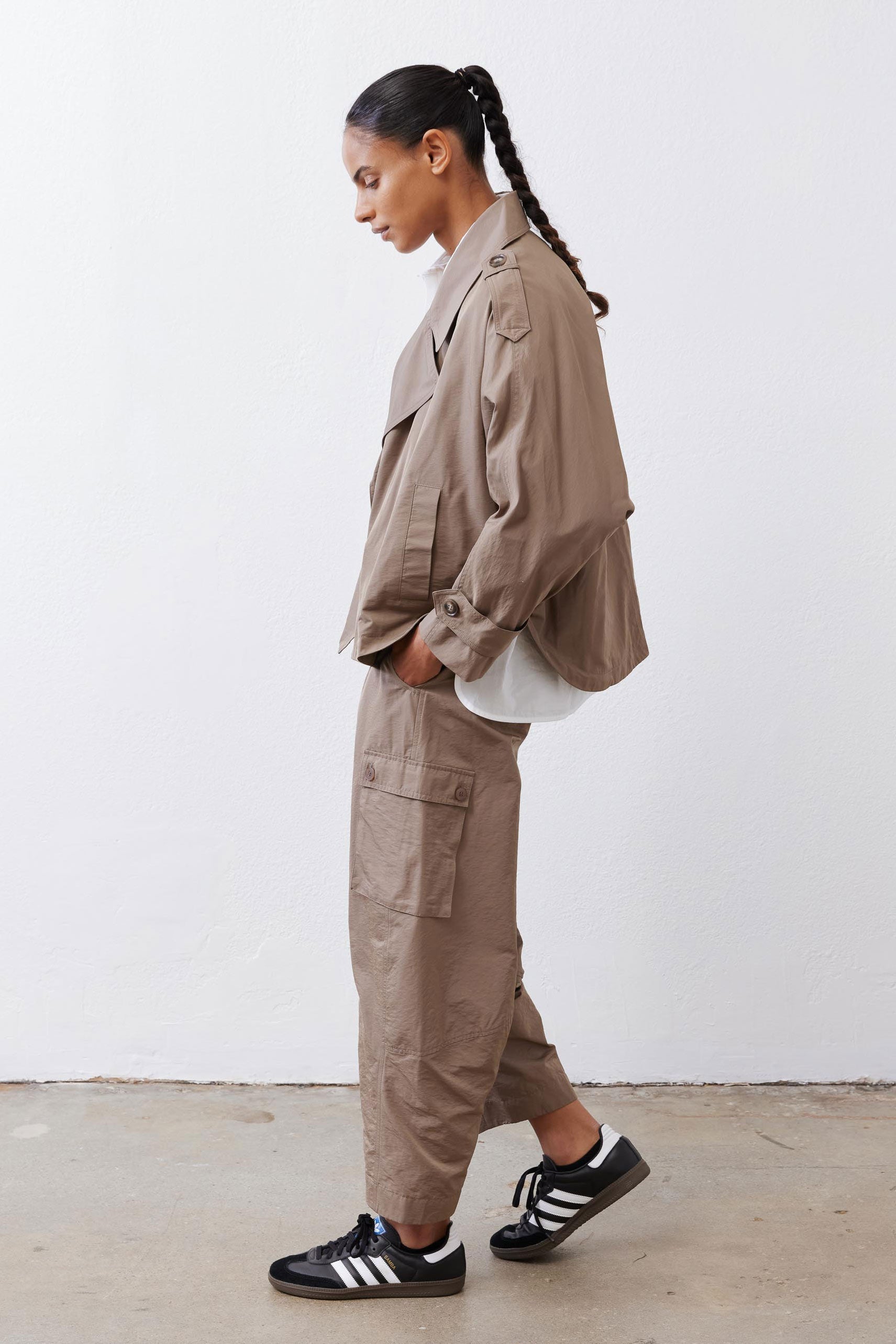 Oversized Nylon Trench Coat in Walnut