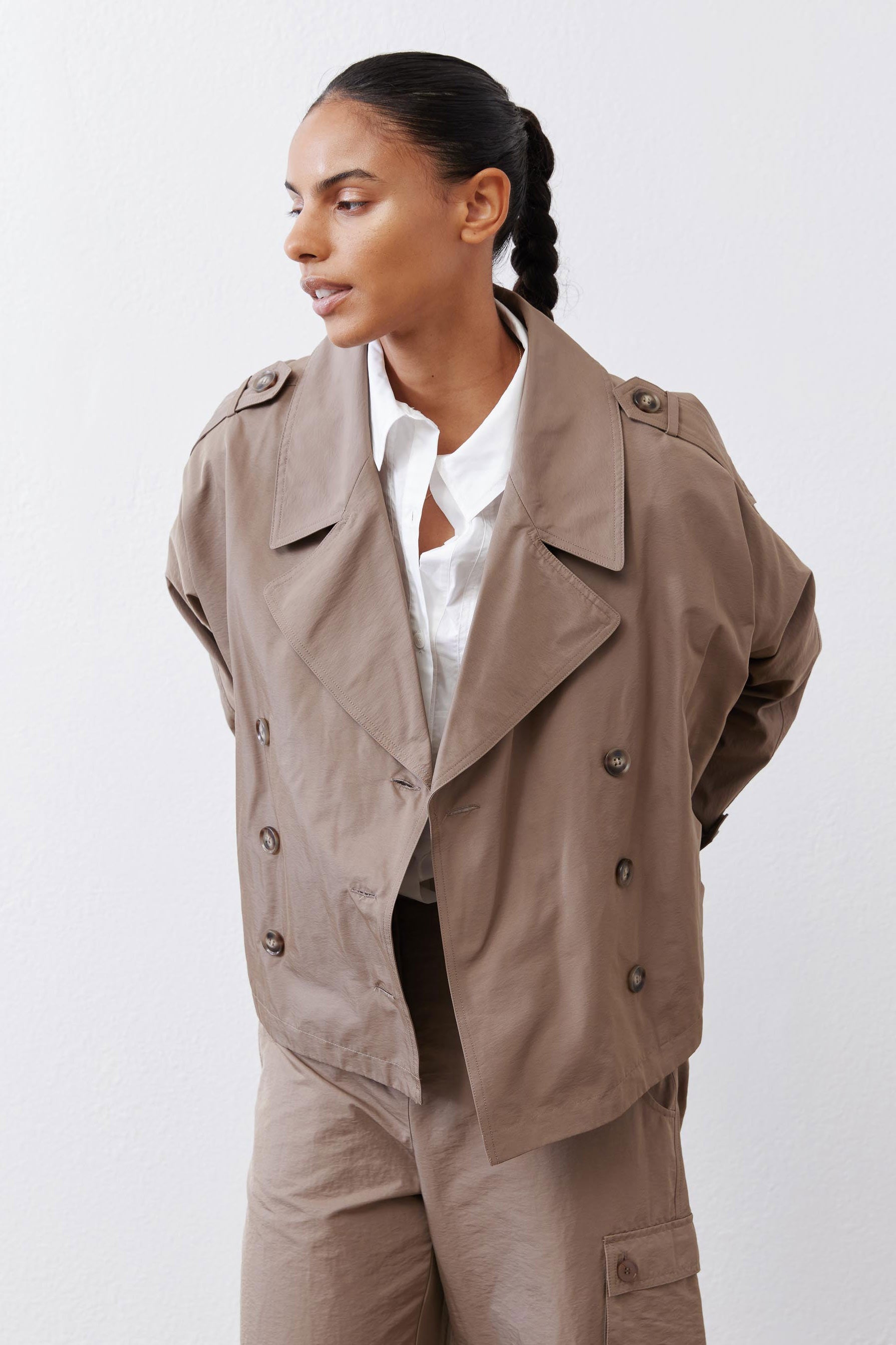Oversized Nylon Trench Coat in Walnut