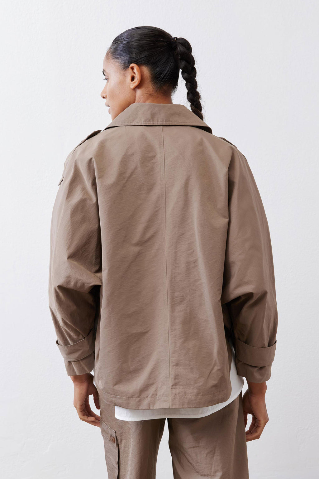 Oversized Nylon Trench Coat in Walnut